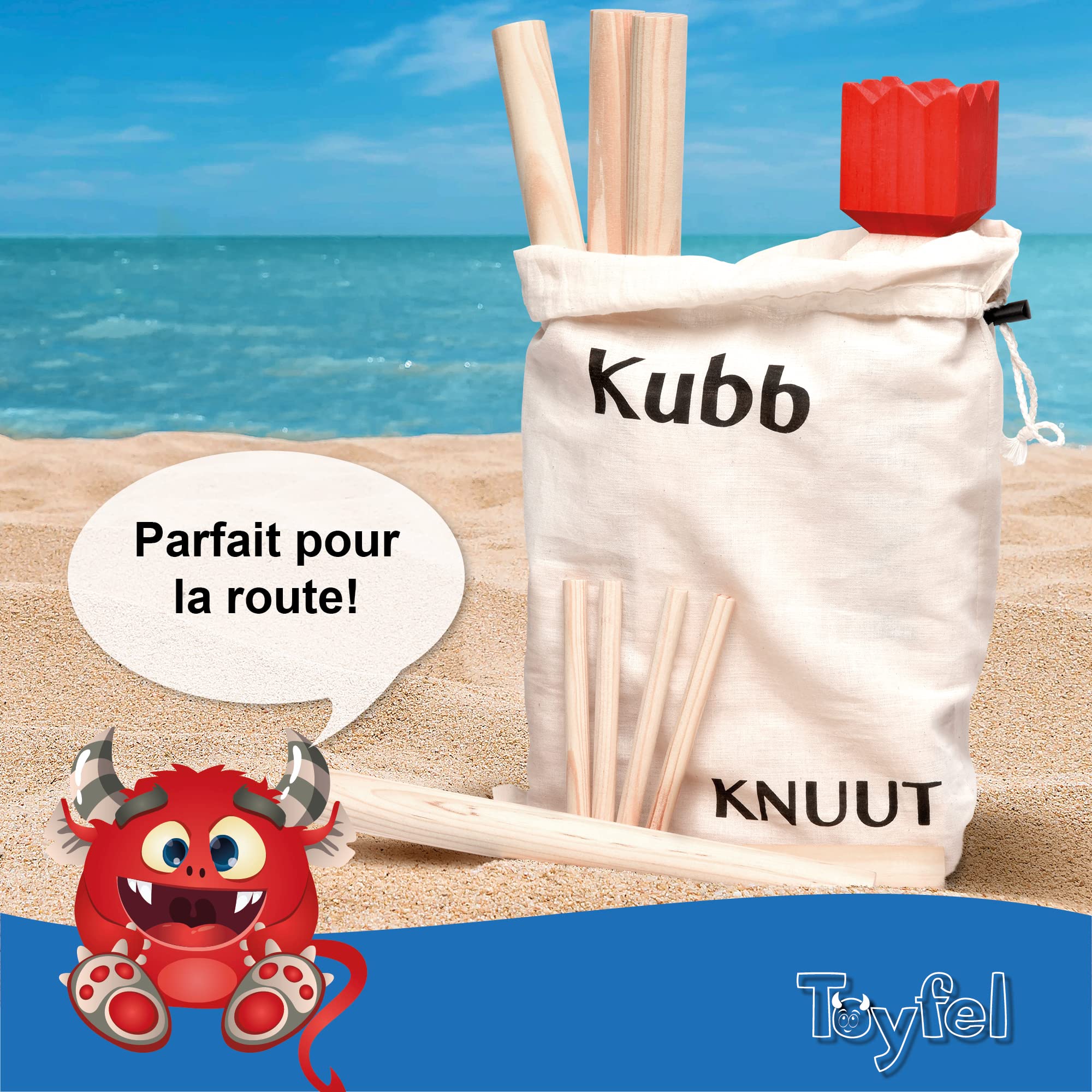 Toyfel Kubb Jeu de Quilles Finlandaises en Bois FSC XL Sac Tissu Knuut – Jeu Viking Lancer 21 Éléments Jeu Extérieur Plein Air 2-12 Personnes