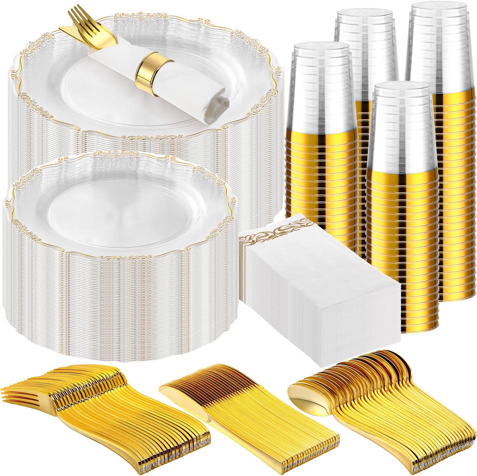 Mifoci 700 Pcs Gold Plastic Dinnerware Set Gold Disposable