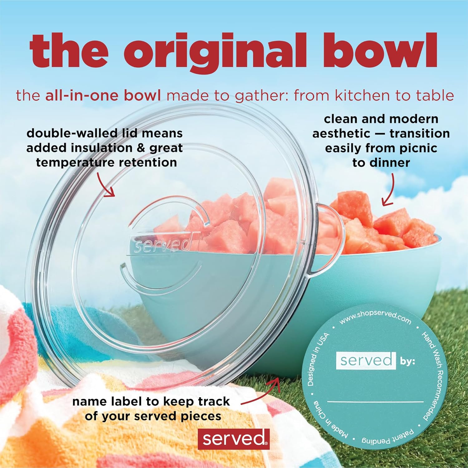 served Small Insulated Serving Bowl with Lid (20oz / 0.6QT) - Double-Walled Stainless Steel Bowl for Hot and Cold Food - Vacuum Insulated, Leak-Resistant Thermal Bowl for Snacks, Sides, and Meal Prep