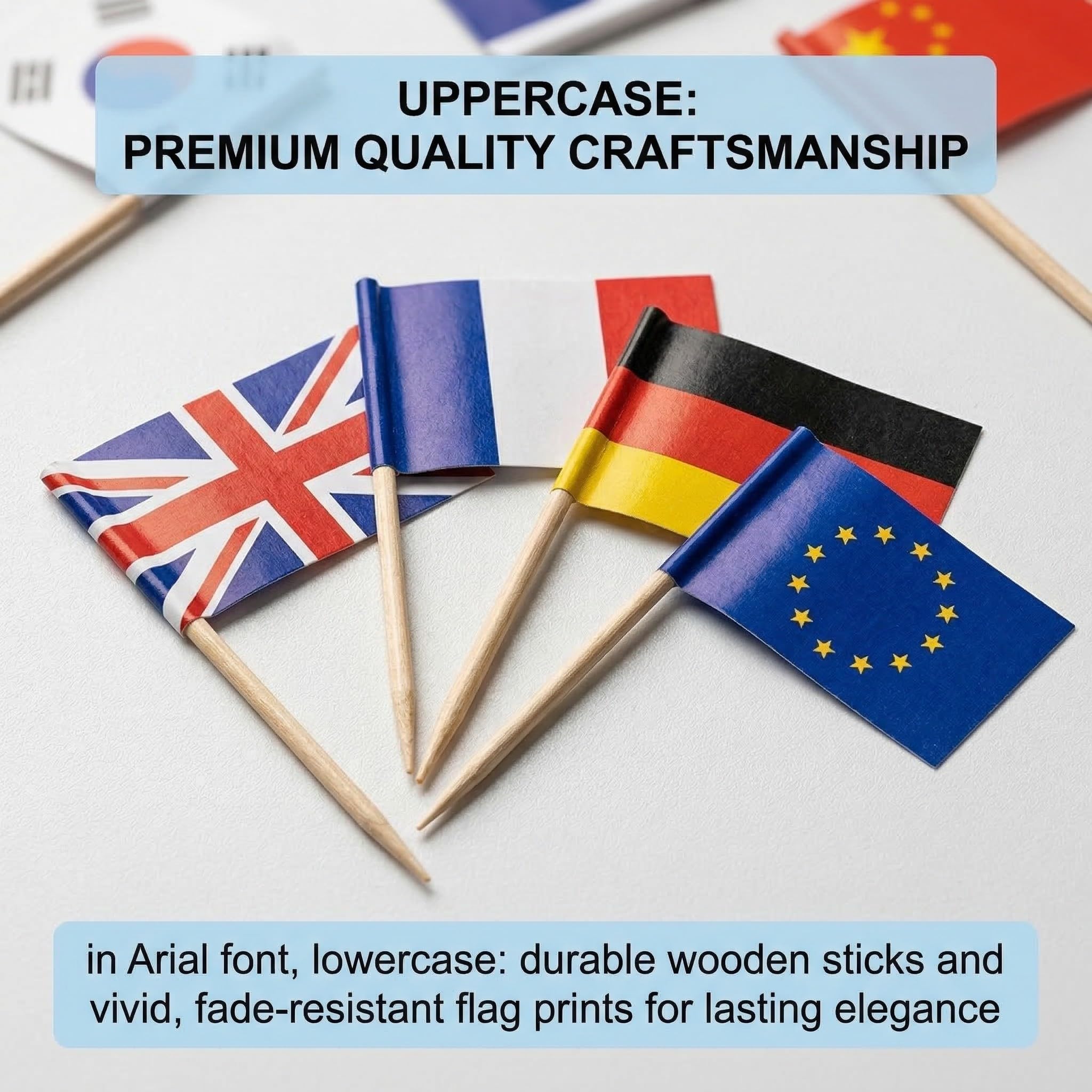 100 Stuzzicadenti con Bandierine del Mondo, Stecchini in Legno e Bandierine di Carta 2,5x3,5 cm, Decorazione per Cocktail, Cupcake, Europei, Mondiali e Feste di Calcio