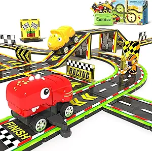 Dinosaur Toys Magnetic Tiles with 2 Dinosaur Cars Race Track, Magnetic Building Blocks Toddler Sensory Outdoor Kids Toys for 3+ Year Old Boys Girls, Classroom Must Haves Kids Games for Ages 3 5 7