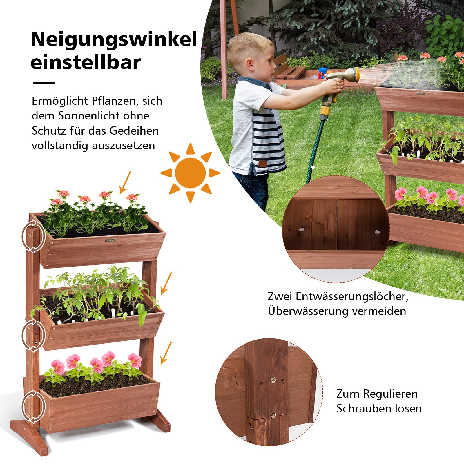 COSTWAY vertikales Hochbeet mit 3 Etagen, Blumenbeet mit 3 verstellbaren Pflanzkästen & Ablauflöchern, Blumentreppe Gartenbeet Tannenholz, Blumenkasten für Terrasse Balkon Garten, Braun (71x38x105cm)