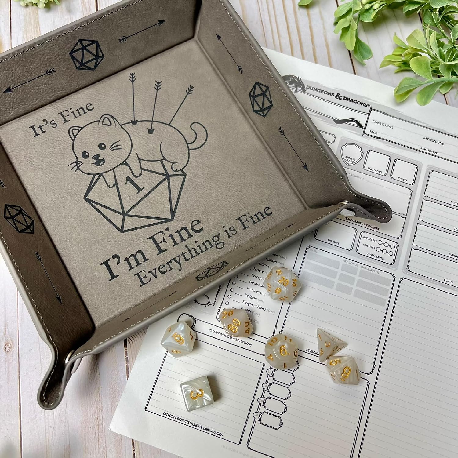 It's Fine Everything is Fine ARROWS Cat Dice Tray DnD, Vegan Leather, Gift, Made by LaserTavern (Gray)