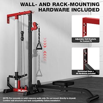 JELENS RC01 Cable Machine, Wall Mount Cable Machine with 16 Adjustable Positions, Rowing Machine & LAT Pulldown Machine with Training Attachment, Home Gym Equipment 2 in 1