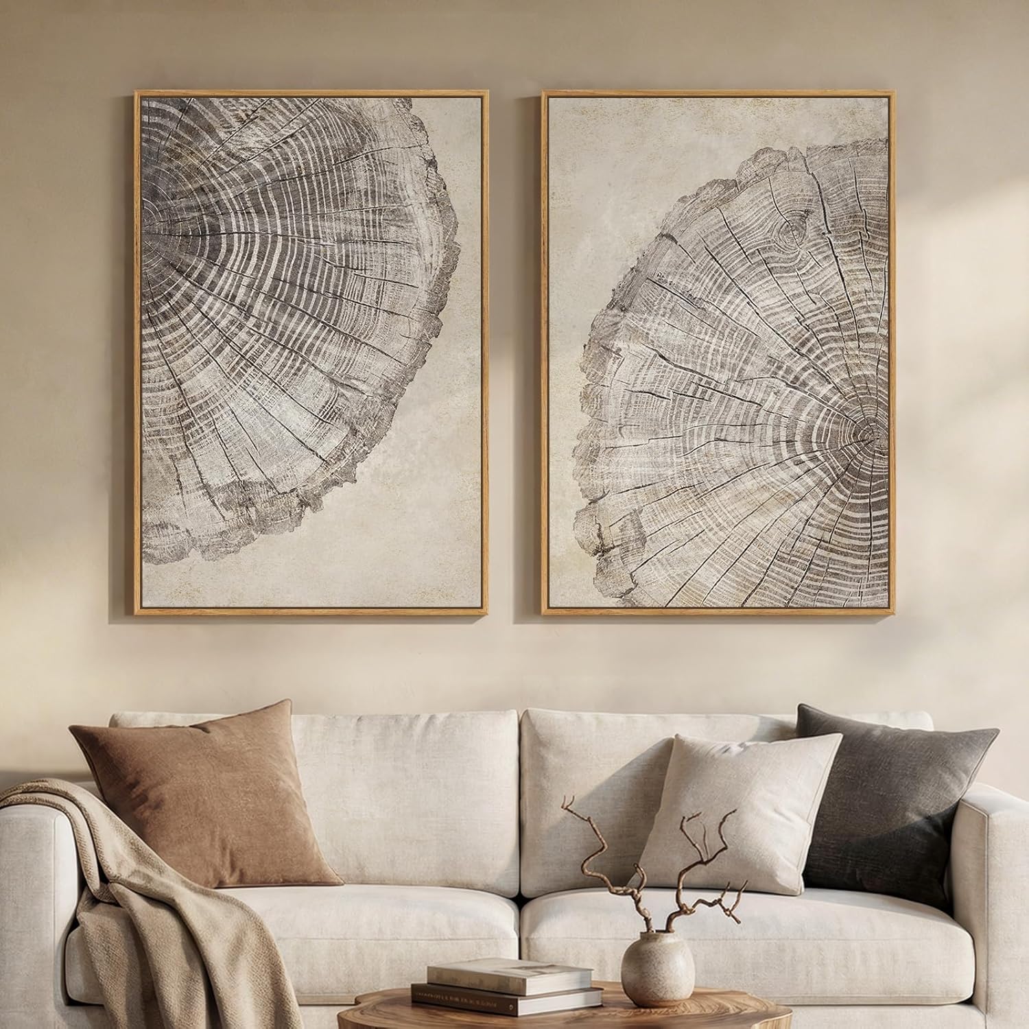 2 Piece Framed Neutral Tree Rings Wall Art Set, Large Modern Wood Grain Canvas Prints Paintings, Farmhouse Nature Wabi Sabi Artwork Decor for Living Room Bedroom Hallway 24x36 Inch
