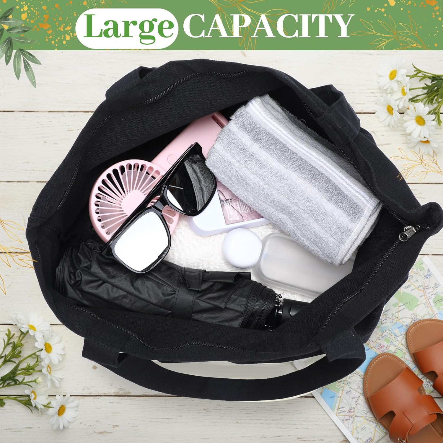 Silkfly 20 Pcs Extra Large Canvas Tote Bags Bulk 19.7x15.8'' Blank Cotton Canvas Bag with Zipper Handles Reusable Plain Grocery Makeup Handbag for DIY (Black) - Image 5