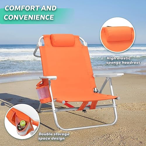 Miniatura 6 de OFIKA Paquete de 2 sillas de playa resistentes para adultos, mochila alta de respaldo alto, sillas de playa planas de 5 posiciones con