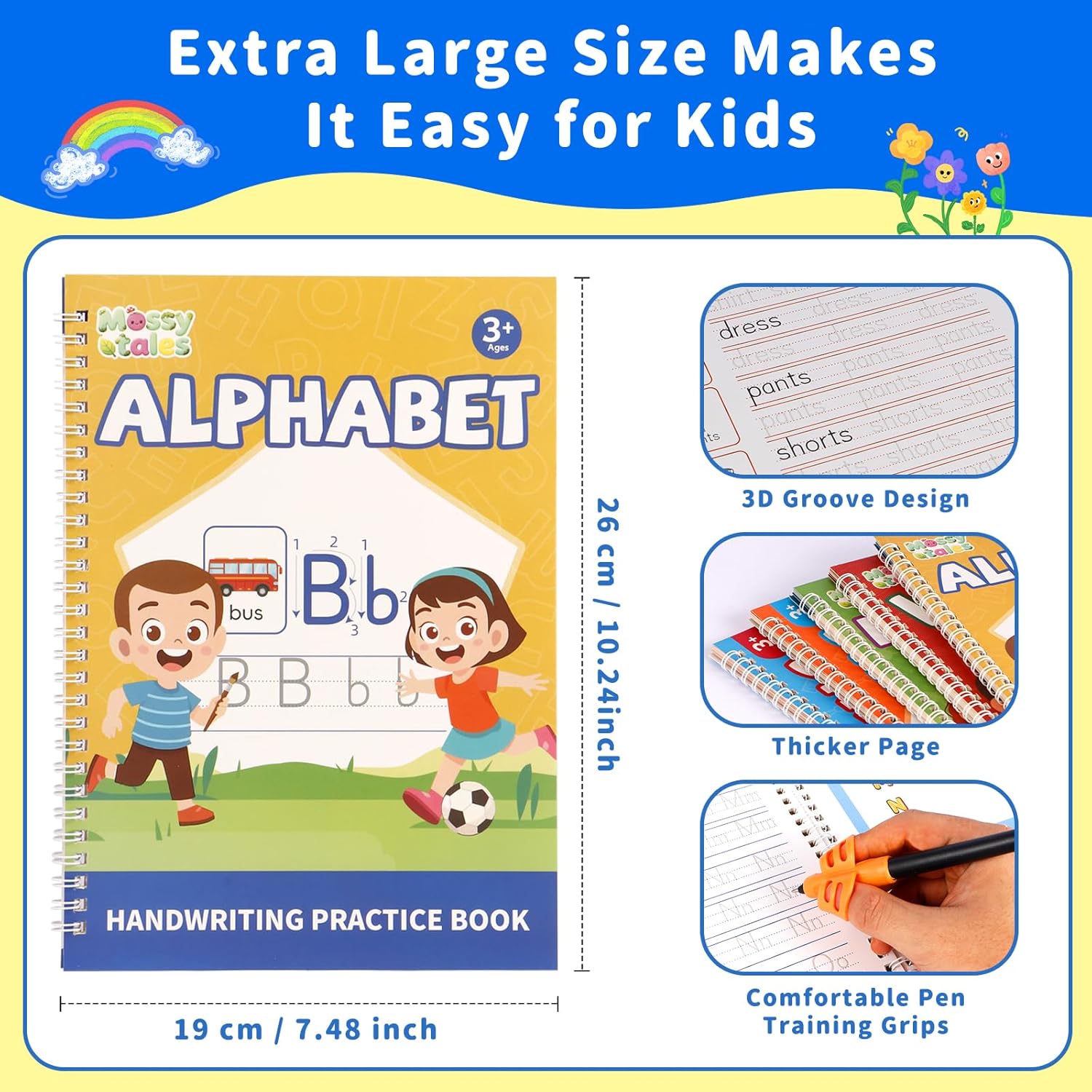 Magic Grooved Handwriting Practice Book for Kids Ages 3-8, Reusable Tracing Workbooks with Auto-Disappearing Ink, Preschool Learning Activities for Toddlers-Gifts for Children