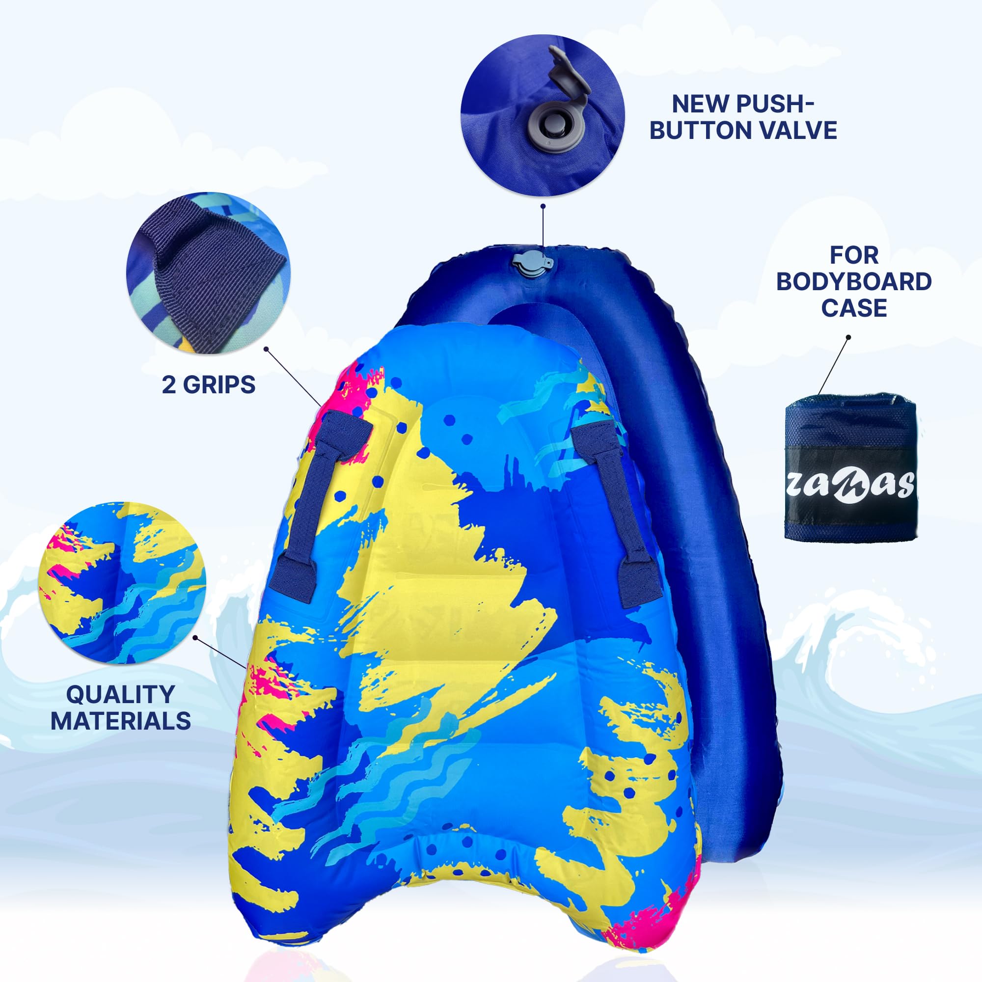 ZAMAS Kids Inflatable Surf Body Board with Handles and New Push-Button Valve, Lightweight Swimming Floating Surfboard Aid Mat Learn to Swim, Beach Safety Theme Surfing with Bonus Case (Multicolor)