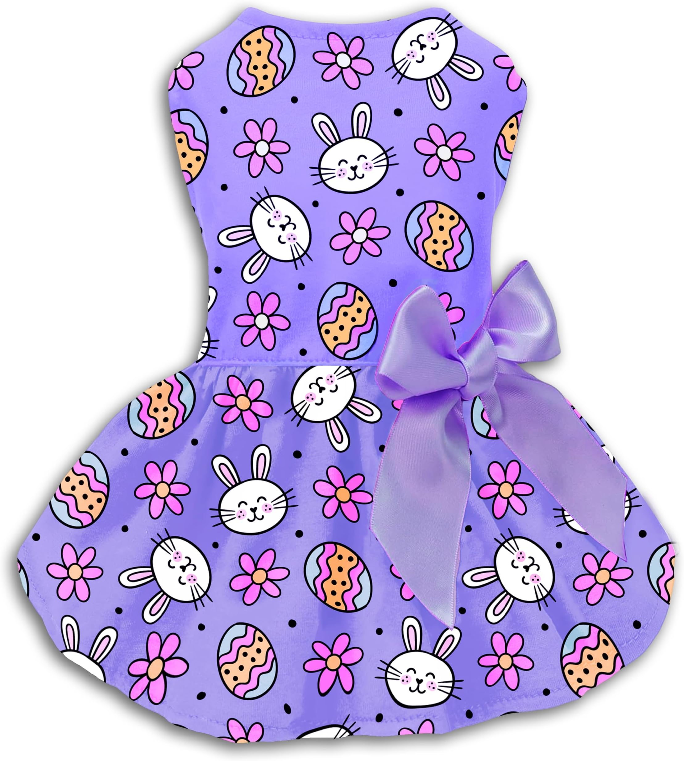 Easter Dog Dress Purple Bunny & Egg Pattern, Cute Spring Girl Puppy Skirt with Large Satin Bow, Soft Breathable Pet Clothes for Small Medium Dogs & Cats, Holiday Party Outfit Apparel