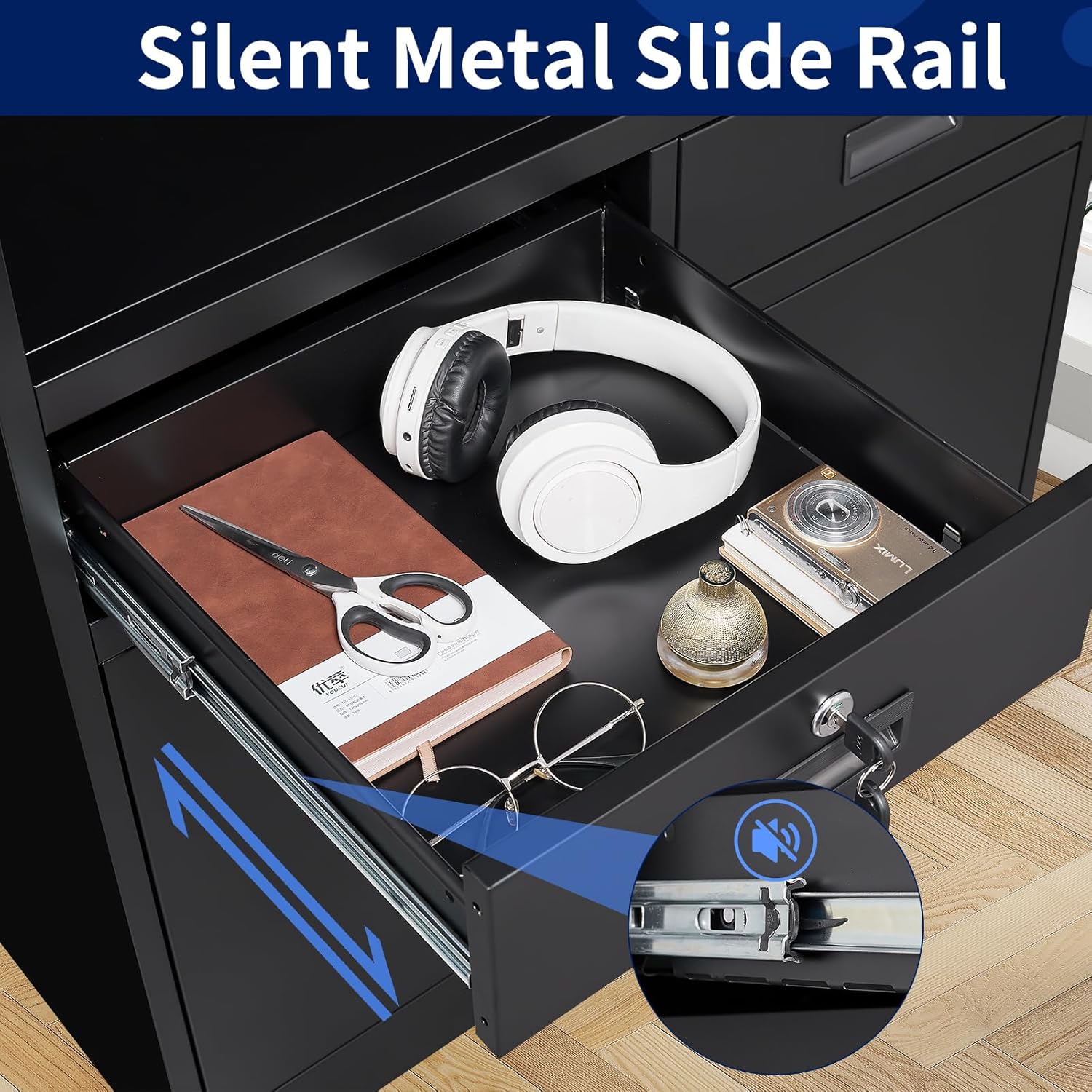 Yizosh Metal Storage Cabinet with 2 Drawers and Locking Doors,- 41.3" Steel Lockable Storage Cabinet with Shelves for Home Office,Garage,School (Black)