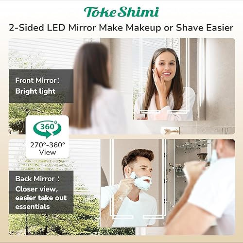 Miniatura 4 de TokeShimi Botiquín de baño de 36 x 32 pulgadas con espejo LED, gabinete de baño iluminado con atenuación continua de 3 colores, CRI 80+, antivaho y