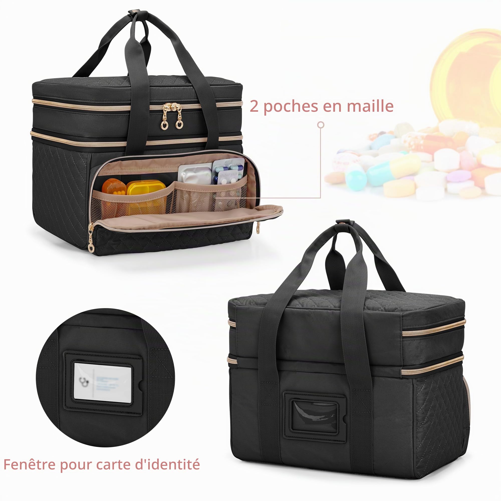 Yarwo Mallette Infirmière Libérale à Double Couche, Trousse de Secours avec Rangement pour Médicaments, Sac Médical Noir