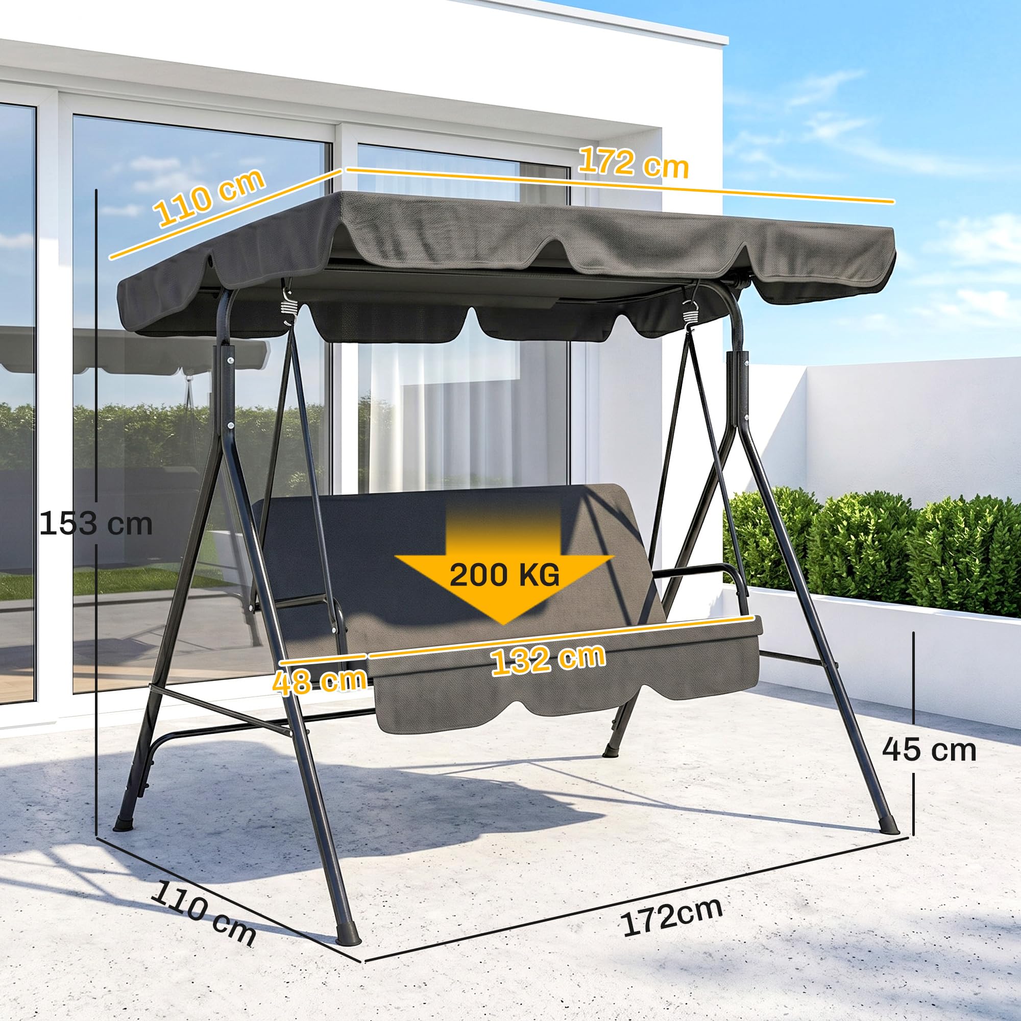 Outsunny Balancelle de Jardin 3 Places Toit Inclinaison réglable Acier Noir
