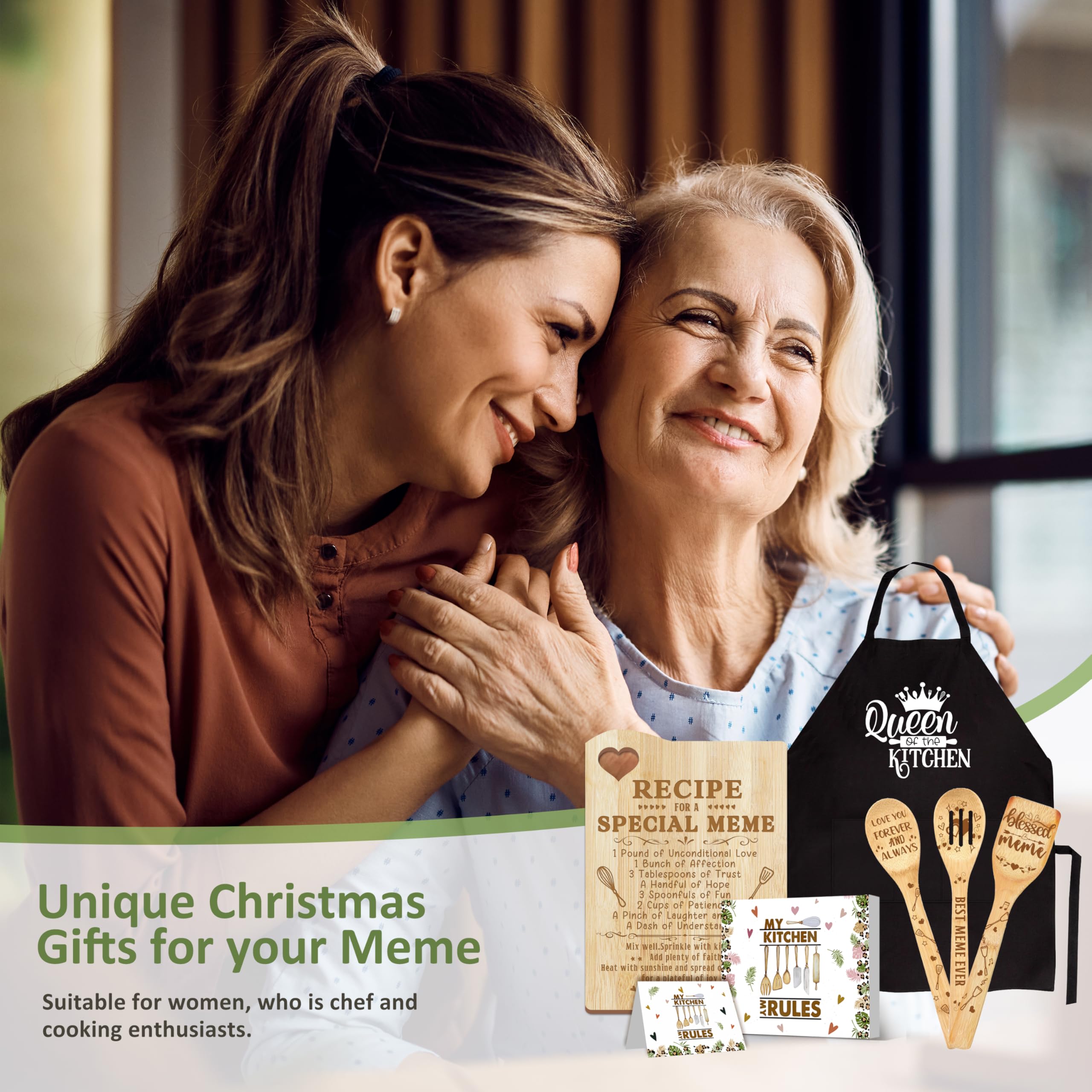 Meme Gifts, Gift for Meme for Grandma Mothers Day Wooden Cutting Board with Cooking Utensils Set with Apron from Grandkids Kitchen Set