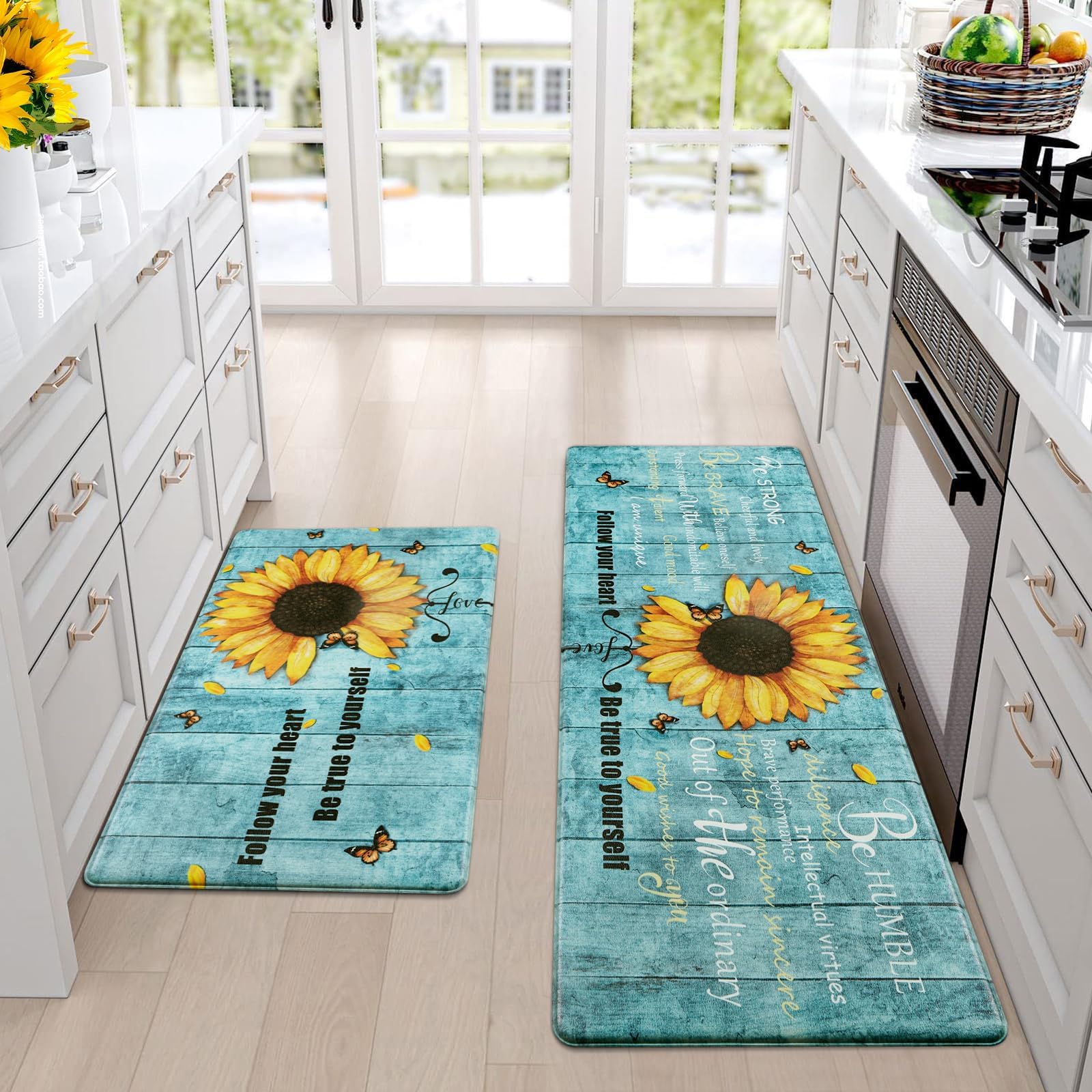 Likiyol Sunflower Kitchen Rugs Set of 2 Anti-Fatigue Mats, Spring Non-Slip Washable Floral Standing Floor Mat, 18''x30''+18''x48'' (Blue)