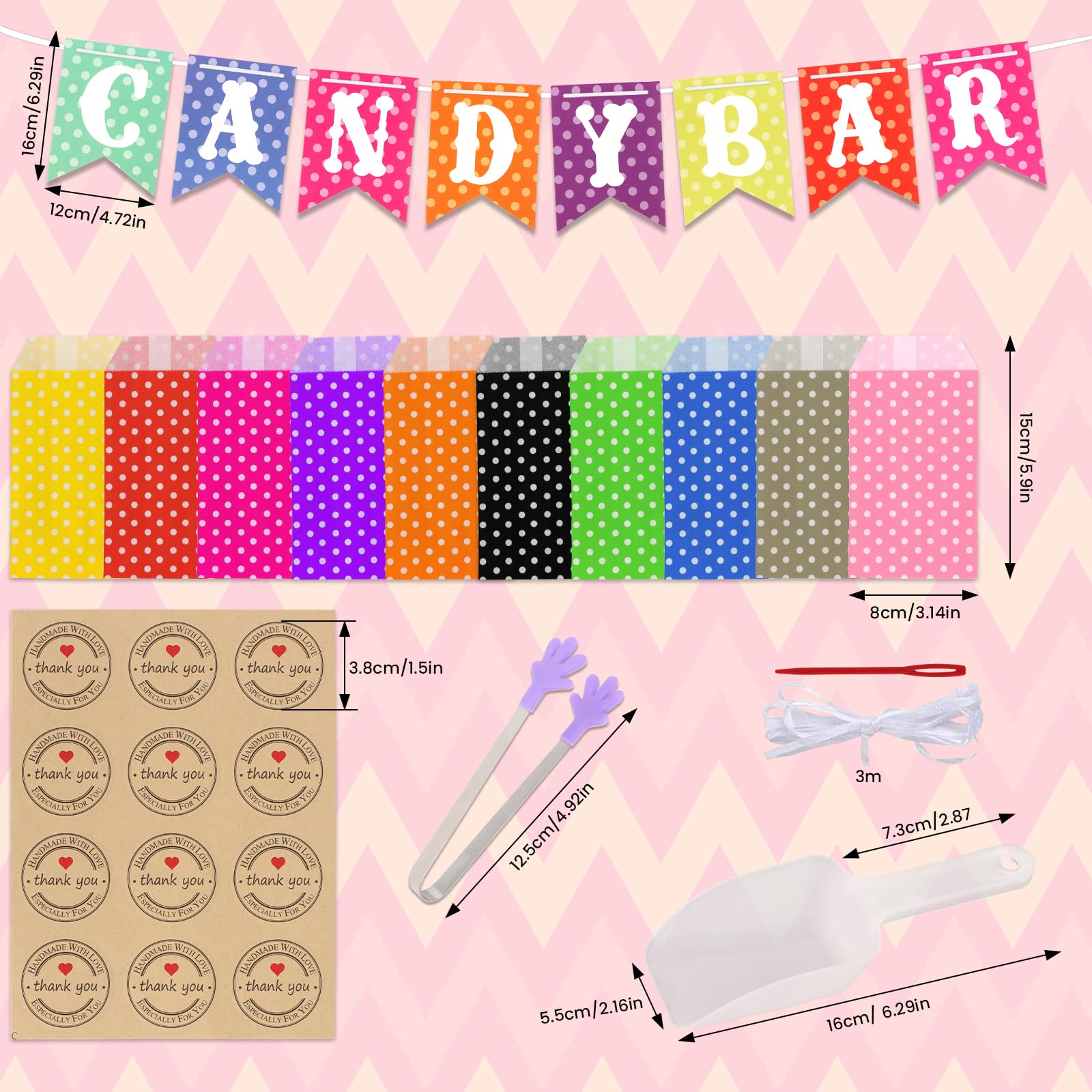 116PCS Candy Bar Accesorios Set, Contiene 100 Bolsas de Candy Bar, 9 Pegatinas, 4 Pieza Pinzas de Candy, 2 Cucharas, 1Candy Bar Banner Para Caramelo, Bar, Boda, Fiesta, Cumpleaños