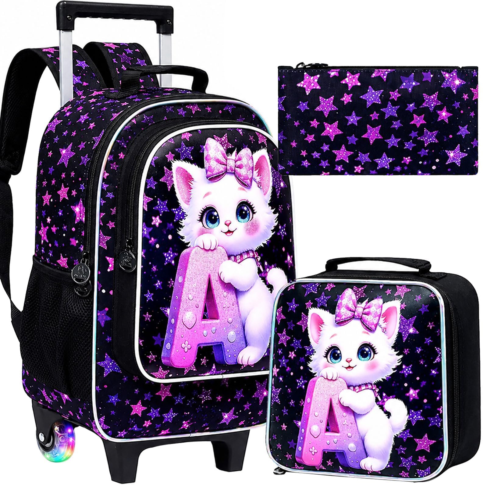 CCJPX 18" Cat Rolling Backpack for Girls, 3Pcs Kids Glow Wheels Bookbag with Lunch Box, Lightweight Roller School Bag for Elementary Preschool (Black)