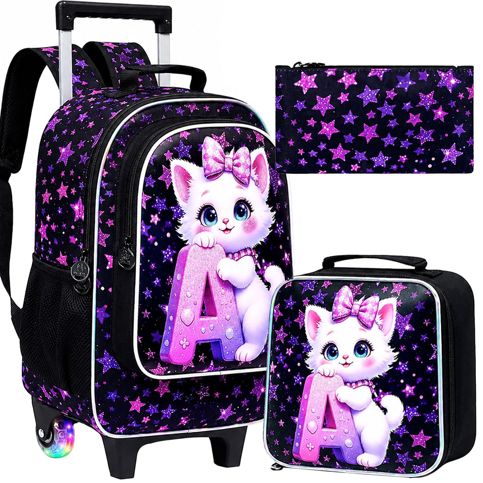 CCJPX 18" Cat Rolling Backpack for Girls, 3Pcs Kids Glow Wheels Bookbag with Lunch Box, Lightweight Roller School Bag for Elementary Preschool (Black)