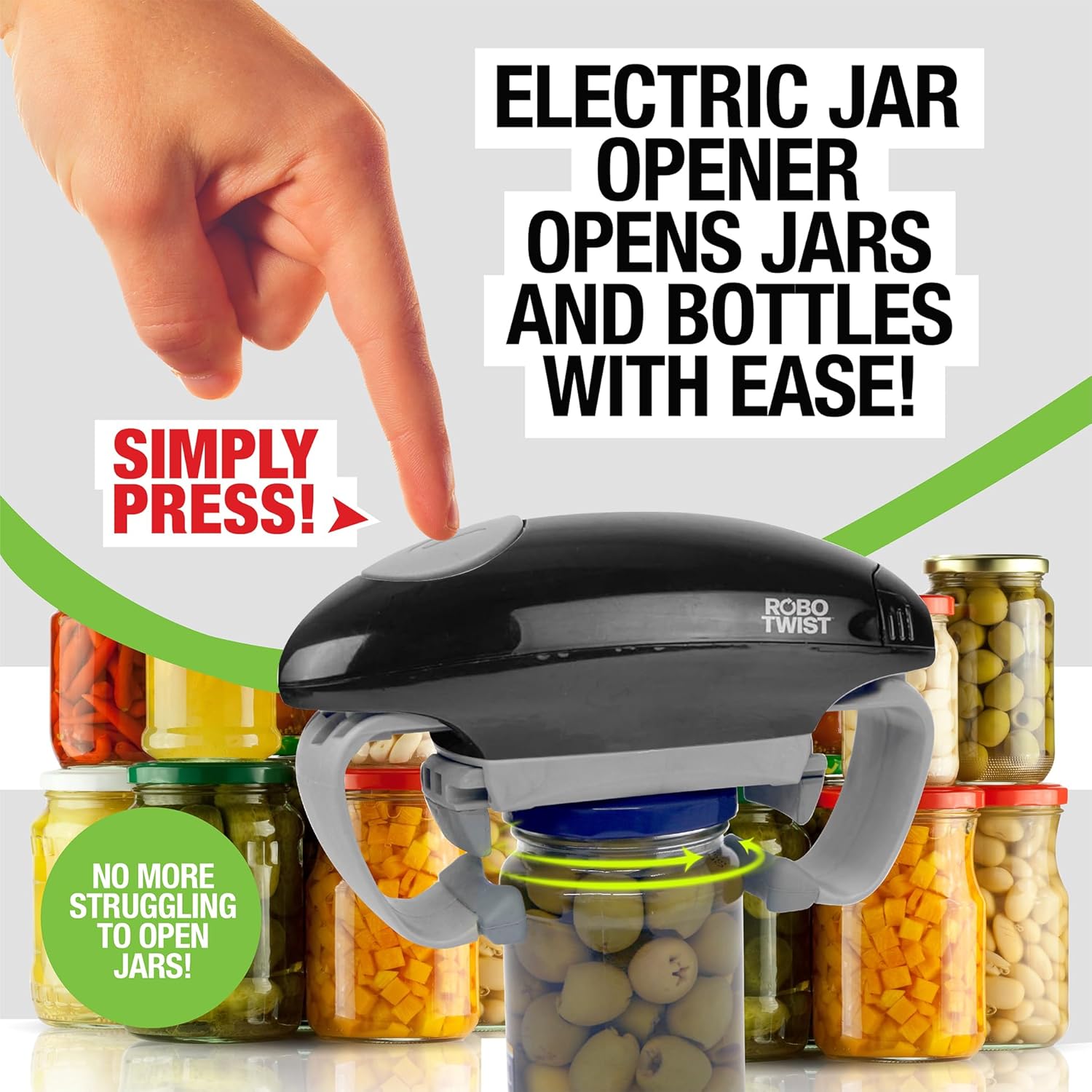 Robotwist Jar Openers Top Rated for Seniors, Automatic Jar Opener for Seniors with Arthritis, Robo Twist Kitchen Gadgets for Home, Handsfree Easy Opener Works on All Lid Sizes, Black