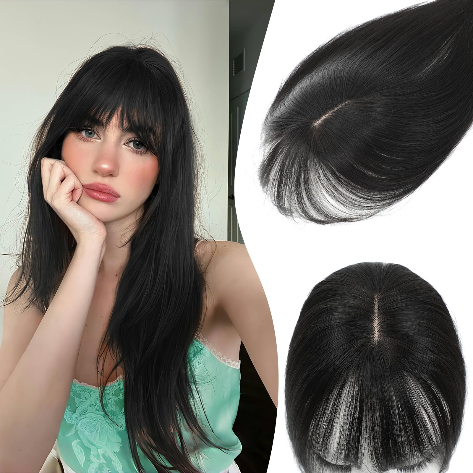 Hair Toppers for Women Real Human Hair, 360°3D Bangs Clip Human Toppers for Women with Thinning Hair Realistic Scalp Line (1B, 3D Wispy Bangs (11 * 7))