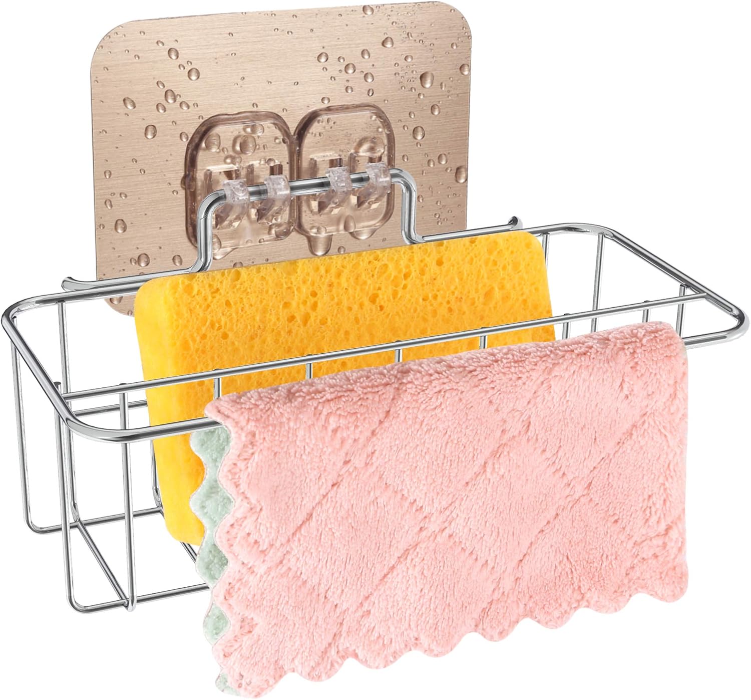 Kitchen Sponge Holder for Sink Caddy, Adhesive Sink Dish Cloth Hanger Organizer 2 in 1 Soap Rag Brush Holder Dispenser Stainless Steel Rustproof Dishwashing Organization Basket