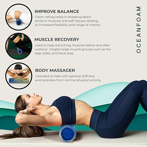 Miniatura 124 de Oceanfoam Tidal Roller - Rojo, Azul Marino Oscuro y Natural Marmóreo - Rodillo de espuma para masaje muscular para dolor de espalda y estiramiento -