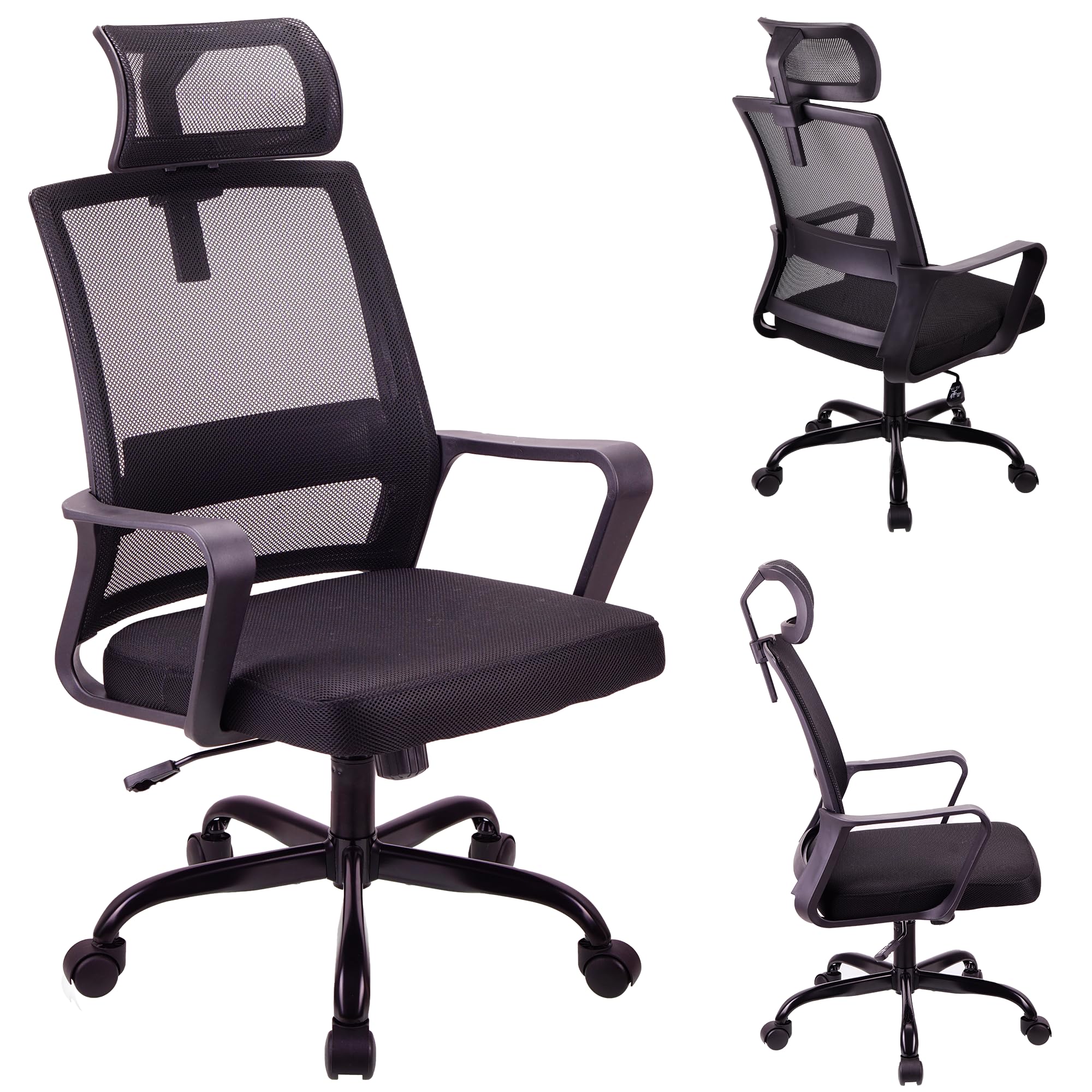 T-THREE. Adjustable headrest office chair, ergonomic mesh swivel seat, desk chair with lumbar support, height adjustment, 360° rotation, and tilt function, mesh backrest for Home Office(Black)