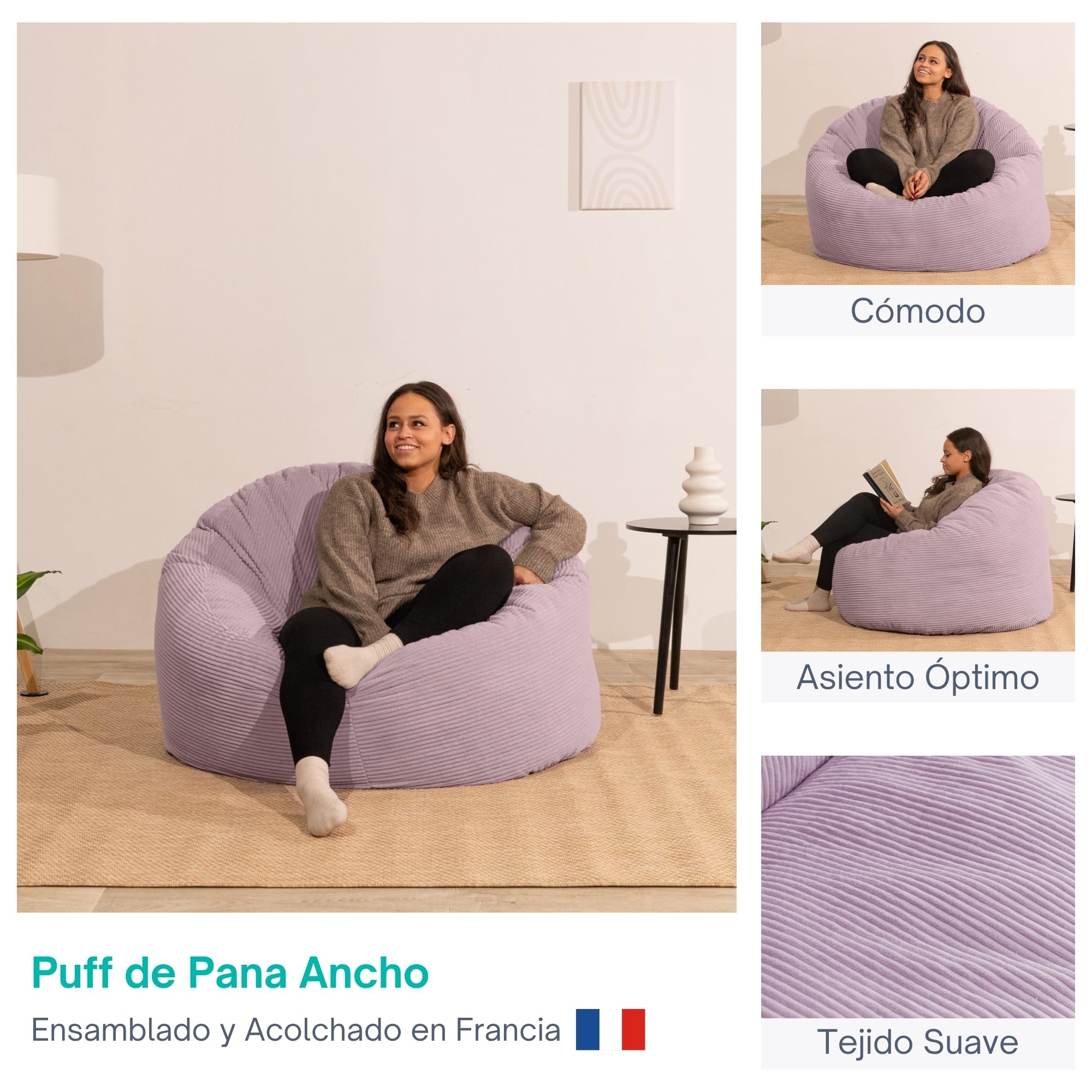 bananair - Puff Salón de Pana Ancho - Suave y Confortable - Puff Pera con Relleno de Espuma Incluido, Óptimo Apoyo para la Espalda - Bean Bag, Sofa Puff Gigante Muy Cómodo (100 cm, Violeta Lila)
