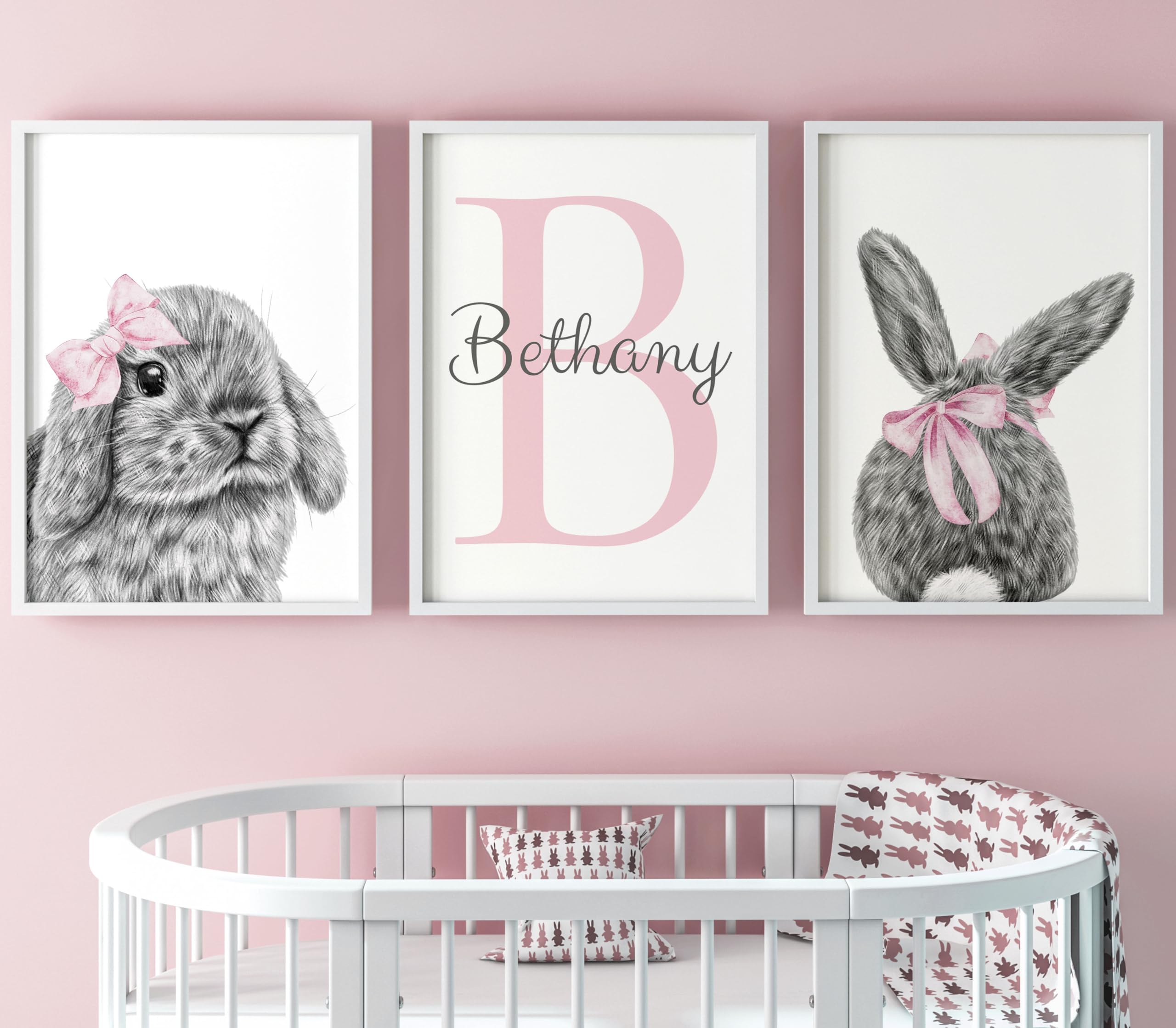 Eviepops Prints Personalised Bunny Rabbit Set of 3 Unframed Poster Prints, Personalised Name, Cute Baby Bunny With Bow And Floral Leaves, Pink Blue Combinations, Girls Bedroom Wall Art (A5) โ image 1