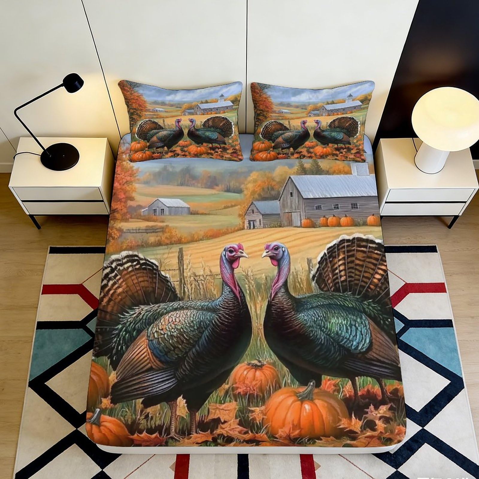 Jqzkxnhpbr Style-1 3D Printed Turkey Pumpkin Farm Fitted Sheet Microfiber Autumn Scenic Bed Cover For Bedroom Dorm Décor 90X200x25cm