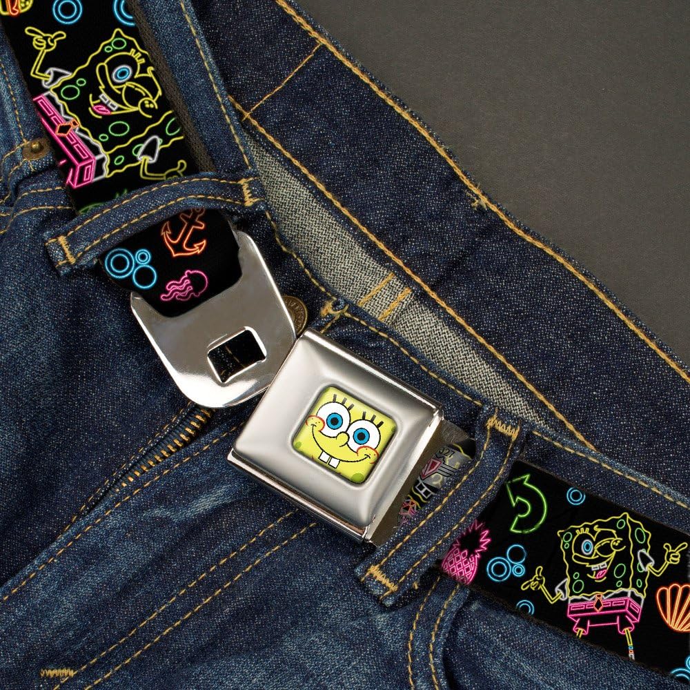 Buckle-Down Seatbelt Belt - Electric SpongeBob Poses/Elements Black/Multi Color - 1.0" Wide - 20-36 Inches in Length