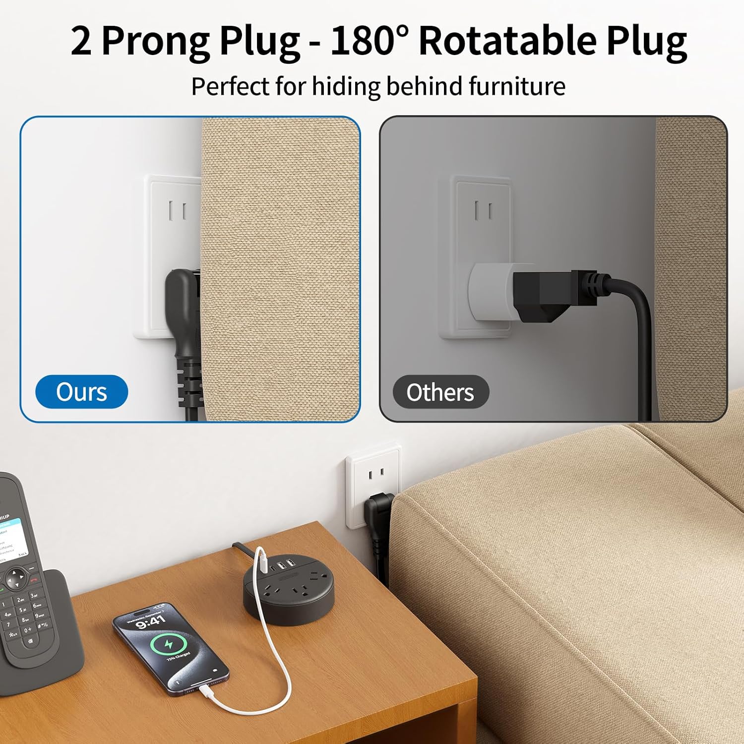 NTONPOWER 2 Prong Extension Cord 9.8ft, 1625W/15A 2 Prong Power Strip, 3 Outlets & 2 USB A & 2 USB C, 2 Prong to 3 Prong Outlet Adapter, Rotating Plug, Wall Mount, Ideal for Older House Office Desktop
