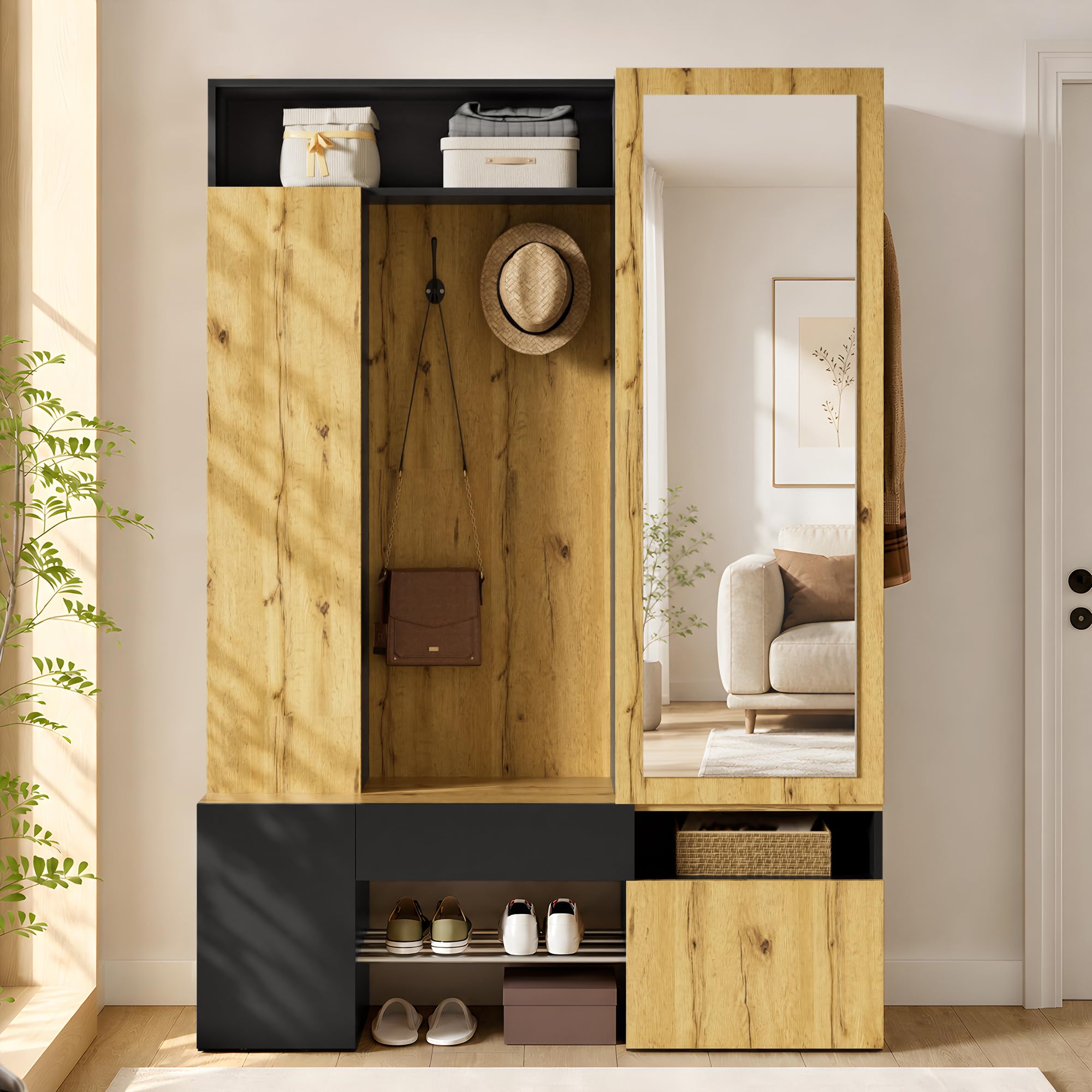 Armario de madera MDF con espejo, color negro natural, zapatero, perchero, perchero, gancho