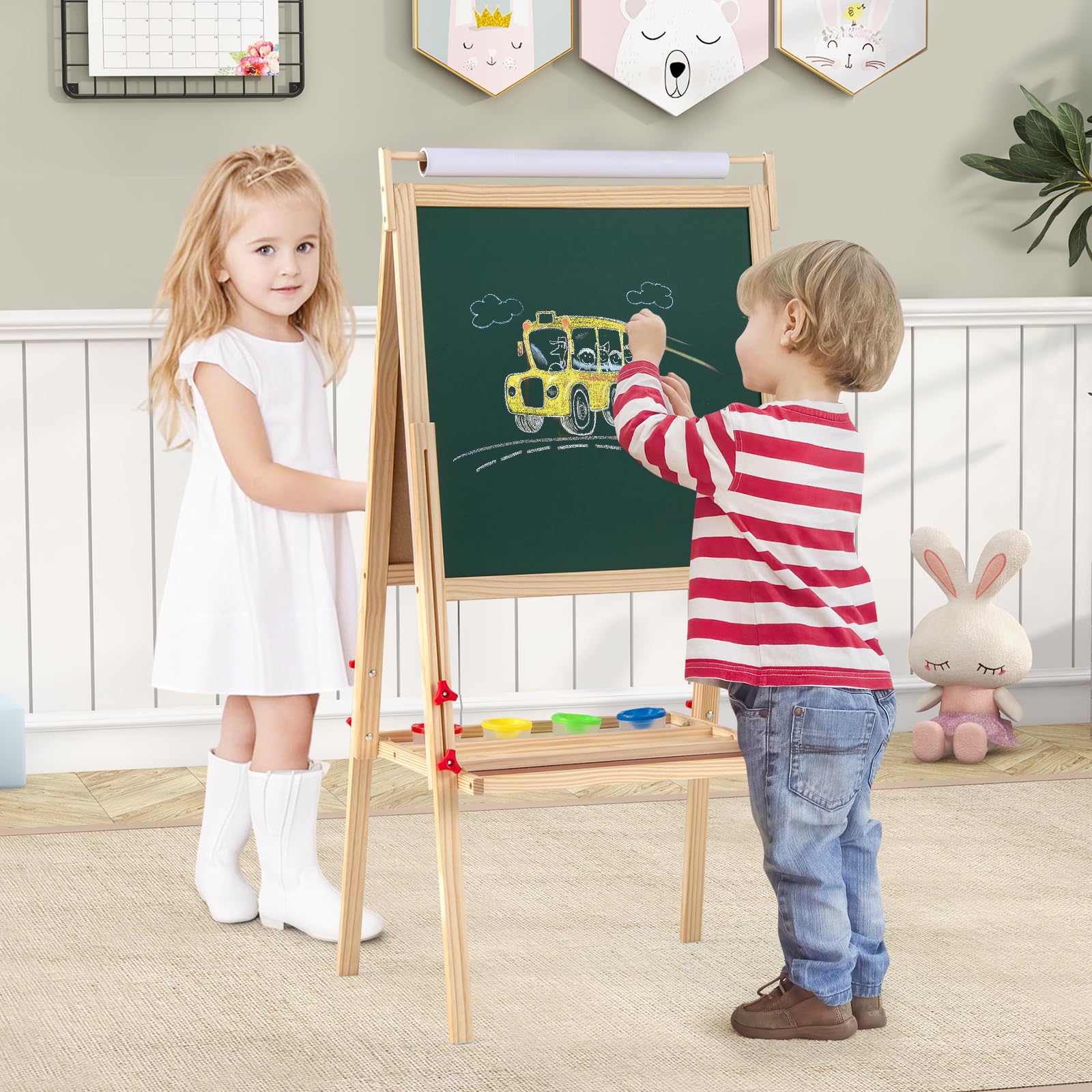 RELAX4LIFE Cavalletto per Bambini, Cavalletto Artistico in Legno con Altezza Regolabile, Cavalletto a Doppia Faccia con Rotolo di Carta, 2 Vassoi, 4 Tazze e Accessori Completi