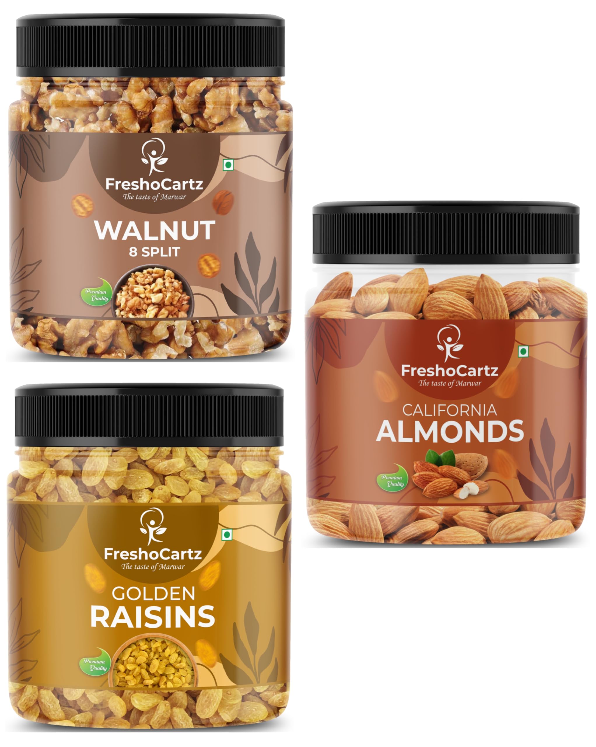 FreshoCartz Dry Fruits Combo | Almonds, Raisins and Walnut 250g Each | Badam Kismish Akhrot Combo Pack for Family, Friends and Employees - Jar Pack (Dry Fruits, 250g (Pack of 3))