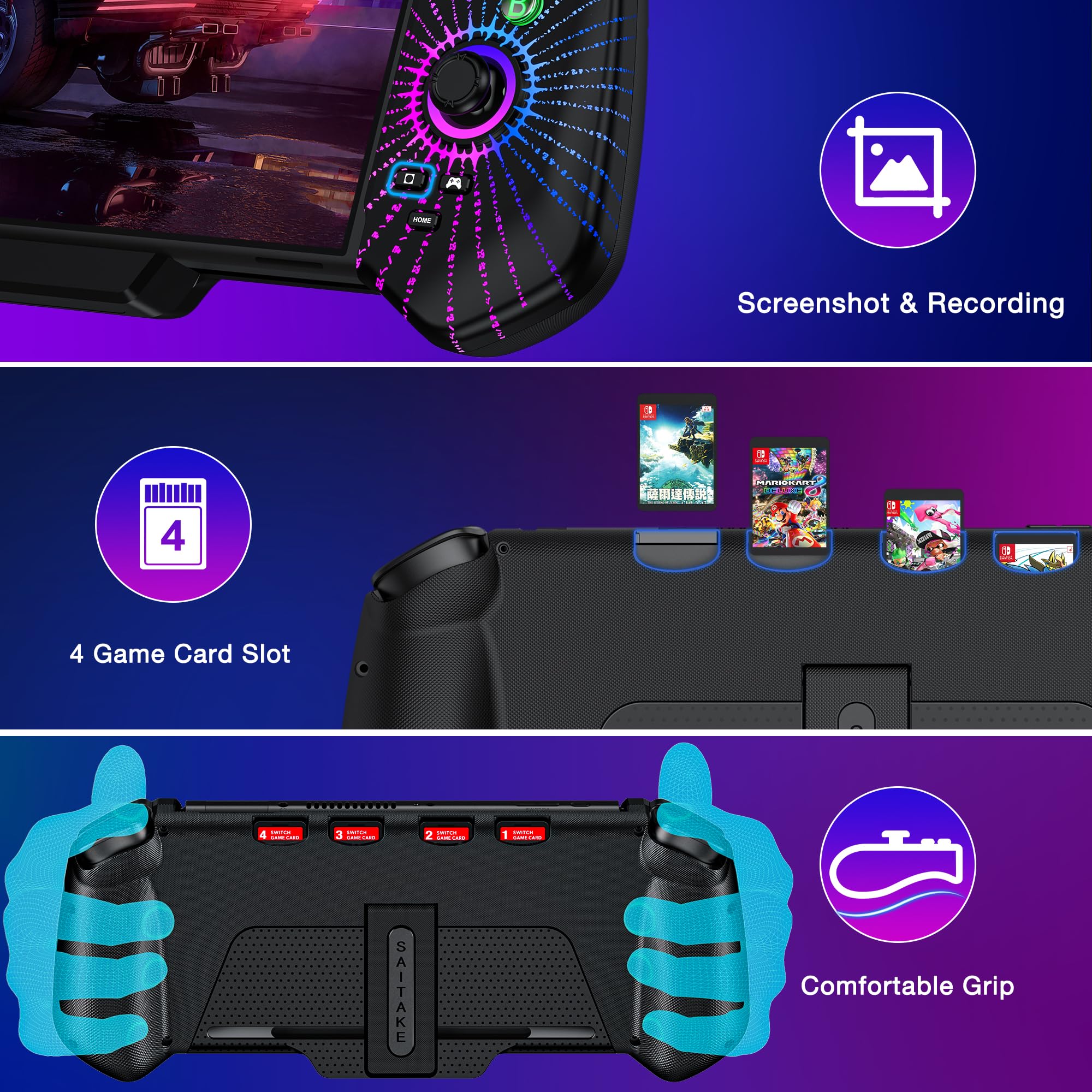 HELLCOOL Hall-Effekt Switch Controller, Plug&Play Handheld Switch Controller für Switch/OLED Konsole, Präzise Joystick, Cooles RGB-Licht Look, 4xSpiele Karten Slots
