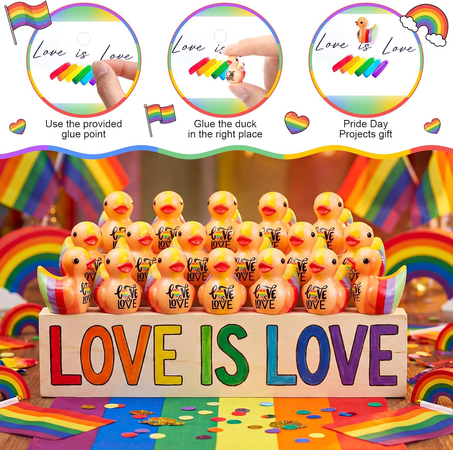 Condition photo showing New/Like New for skylety 100 pcs pride resin ducks bulk, rainbow duck lgbtq gifts party favors for pride month decorations love is love mini ducks desk decor giveaway items rainbow 0.98in 100