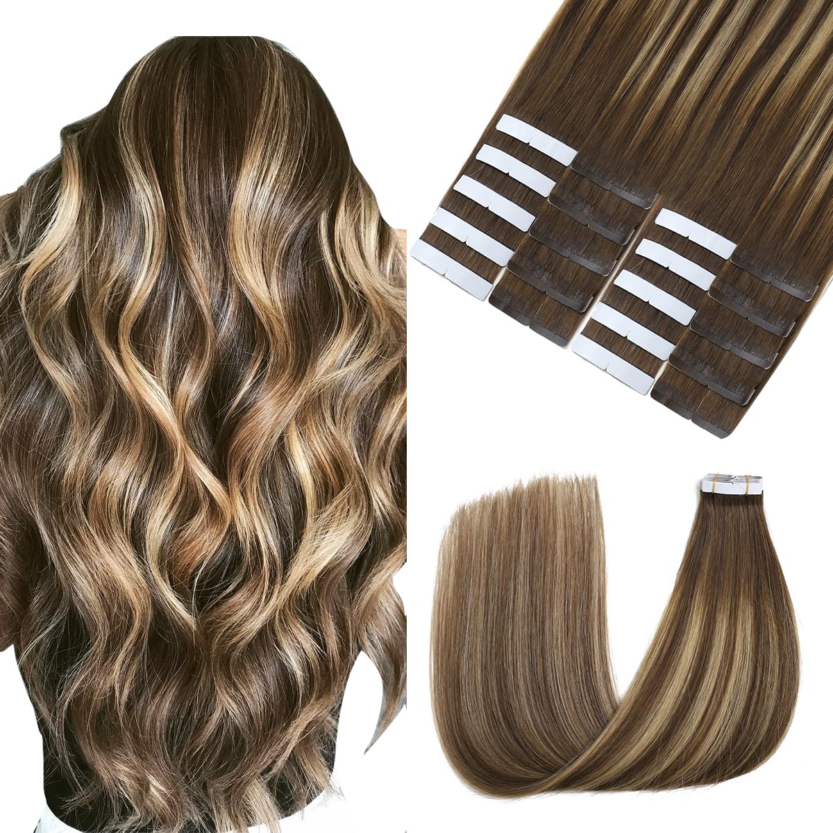 Sindra 22 Inch Tape in Hair Extension Human Hair 20Pcs 50g Balayage Chocolate Brown to Caramel Blonde Seamless Tape in Hair Extensions #4/27/4 22"