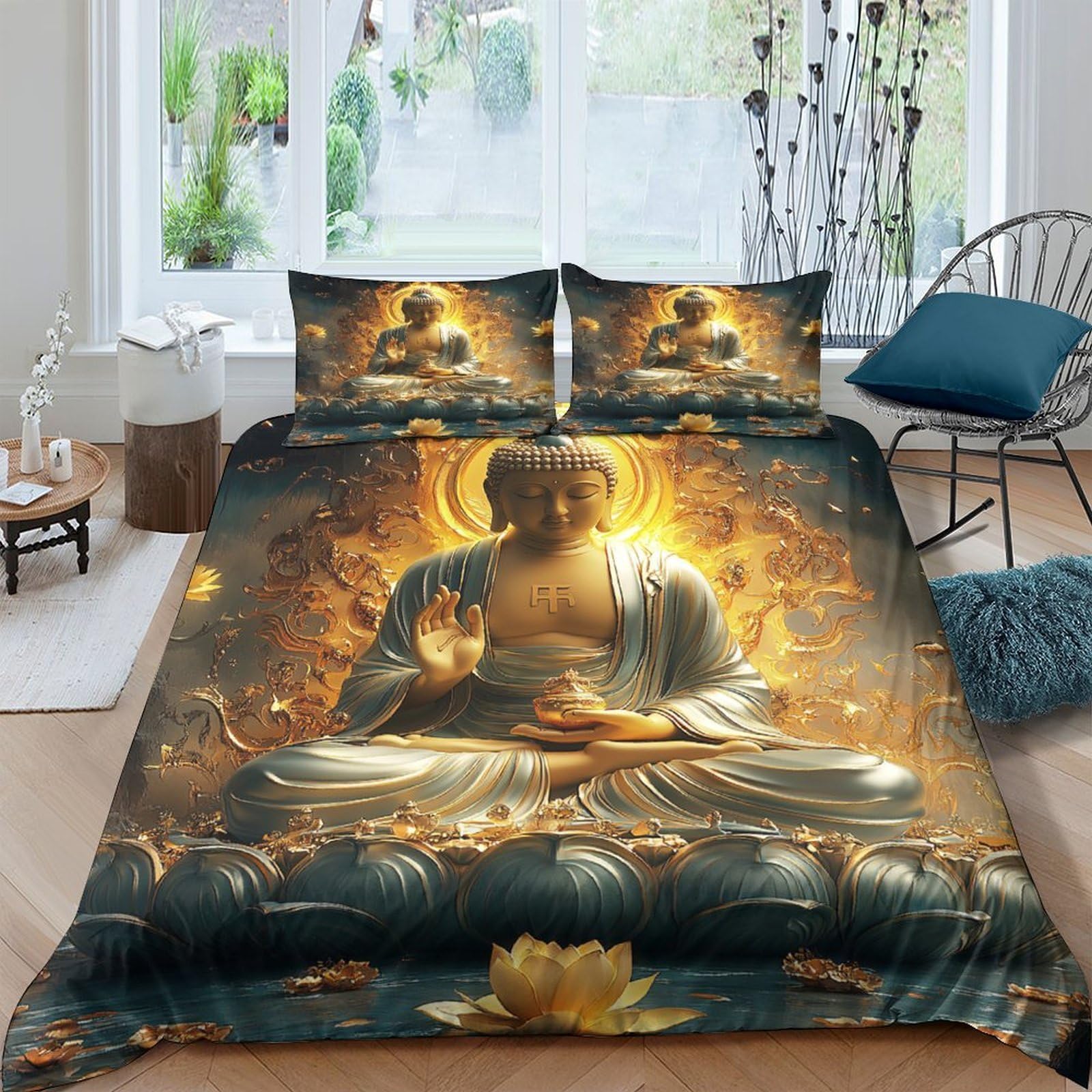 Ctjqhvkz Style-2 3D Printed Golden Buddha Fitted Sheet Microfiber Slip-Resistant Lotus Serenity Mattress Cover For Bedroom Guest Room Decor Single（135X200cm）