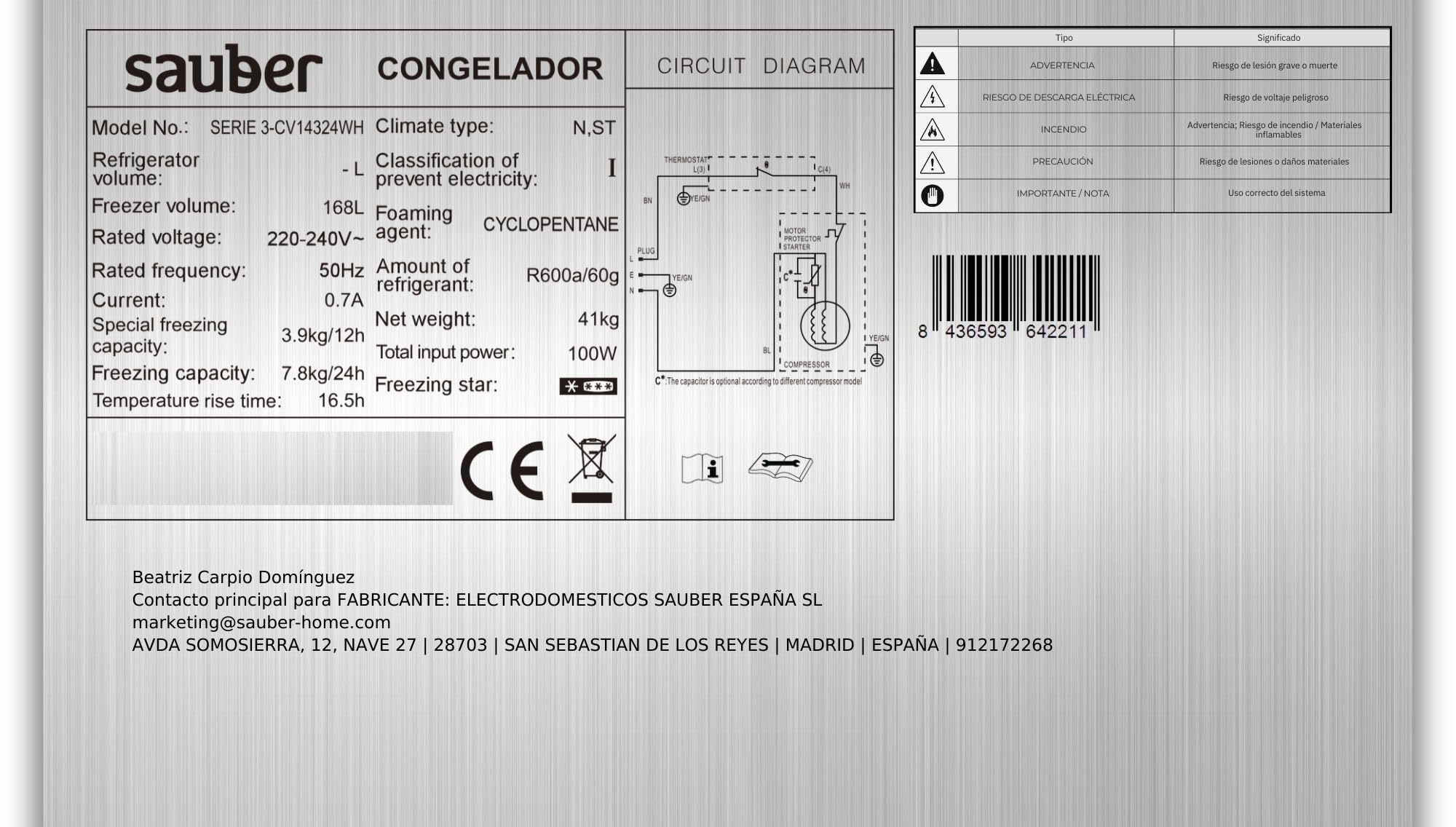 Sauber - Congelador Vertical una Puerta SERIE 3-CV14324WH - E - 142 x 55 cm - 5 Cajones 168 Litros - Se puede Combinar con Frigo 1 puerta - ENTREGA Y RETIRADA EN DOMICILIO INCLUIDA