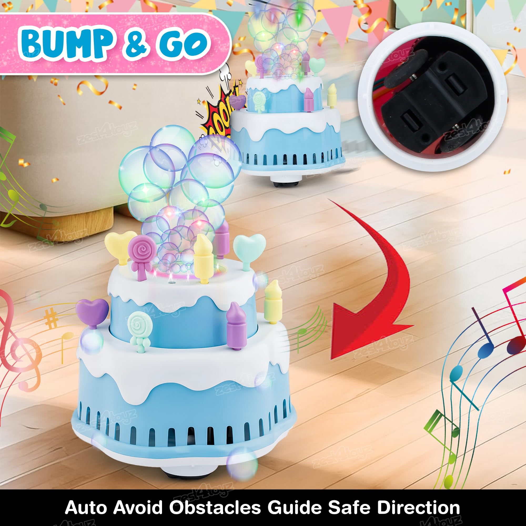 Zest 4 Toyz Bubble Cake Toy for Kids Bubble Machine with Colorful Lights & Stickers Rechargeable Bubble Blower Sings Happy Birthday Song Gift for Boys and Girls Age 3+ Multicolor 2