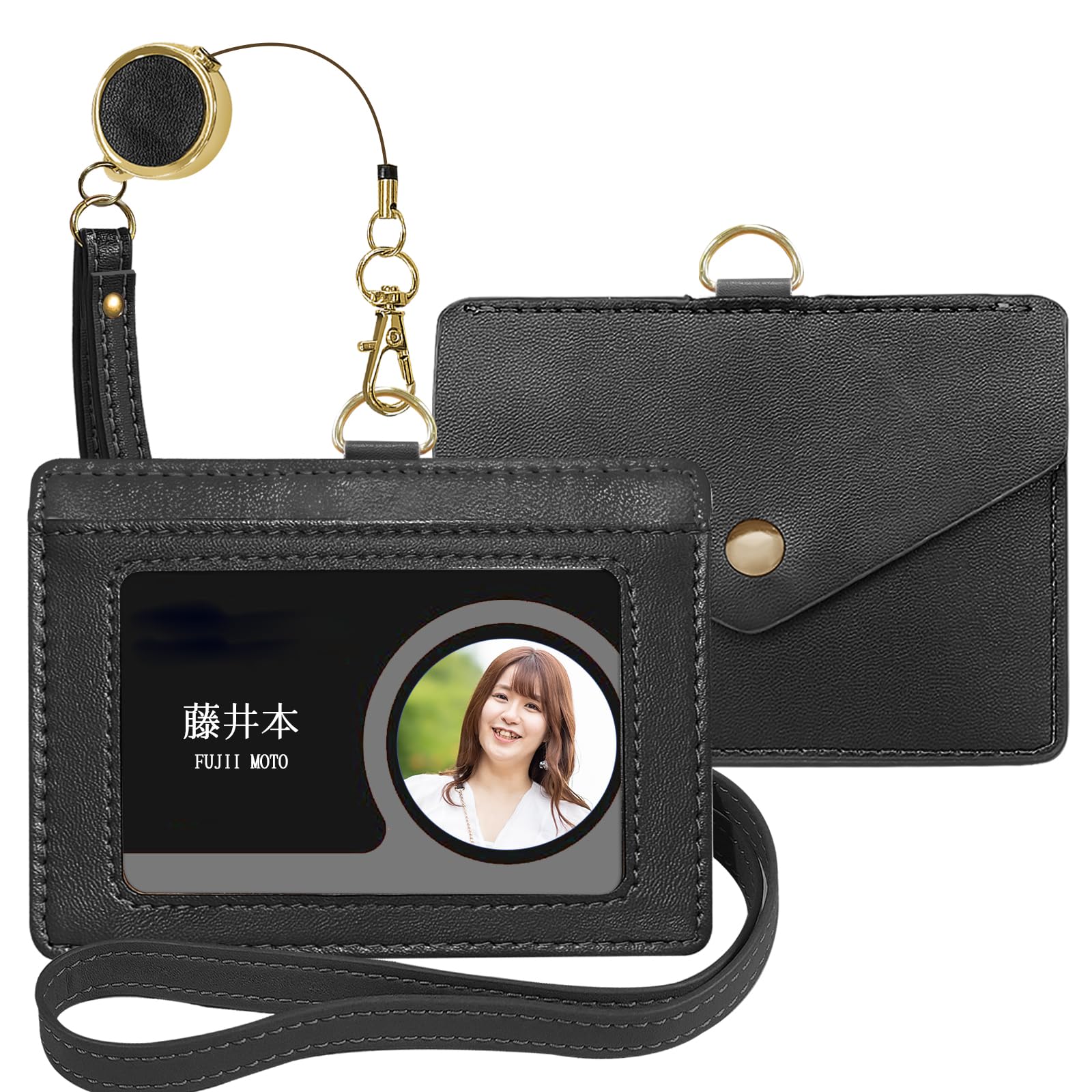 [X-Lounge] ID カードホルダー ネームホルダー 本革 横型 両面用 社員証 名札入れ 定期入れ パスケース カードケース ネックストラップ付 2つポケット (黒)