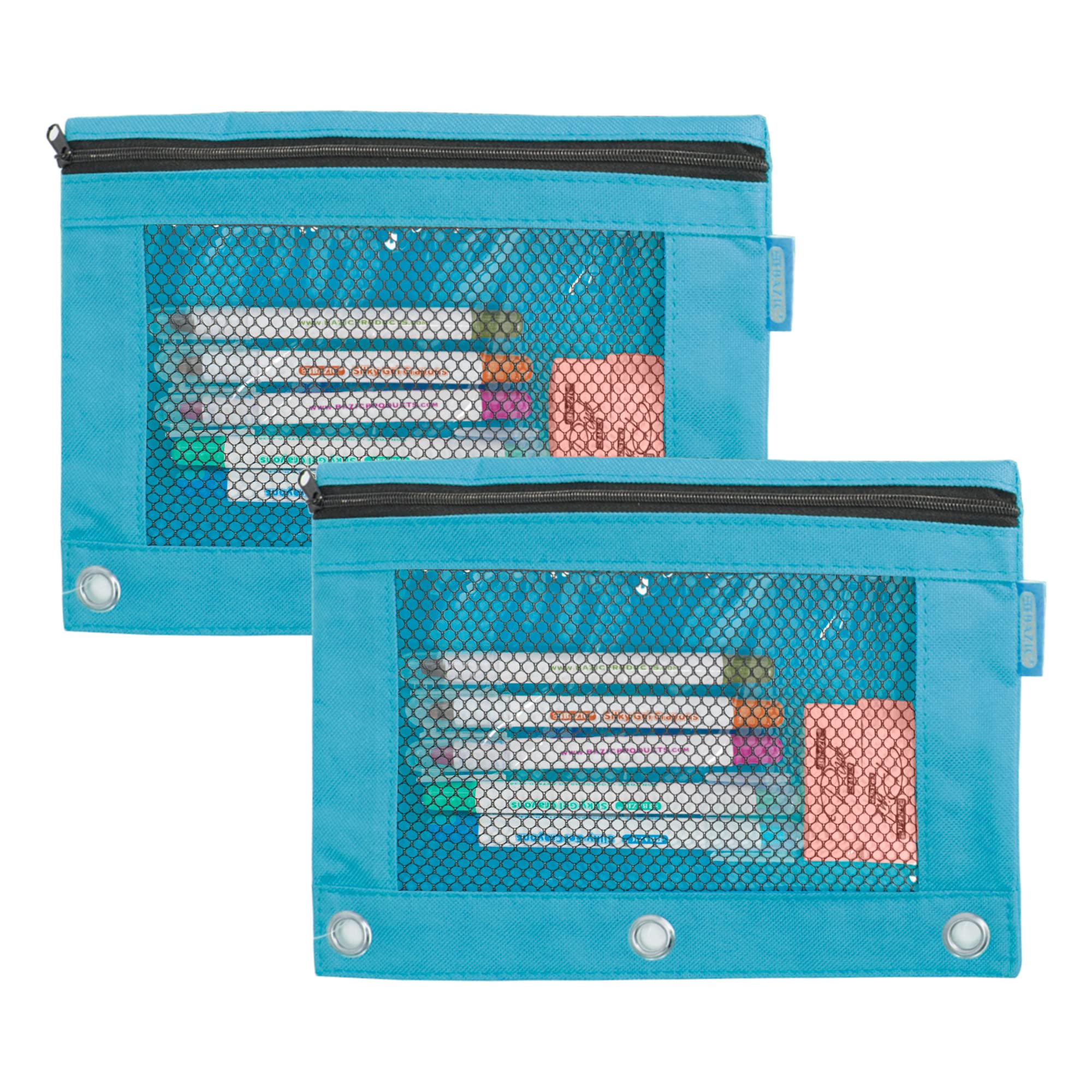 BAZIC Products Pencil Pouch 3 Ring Binder Pouch, Rivet Enforced Ring Hole, Mesh Window Zipper Case, Pastel Blue, 2-Pack