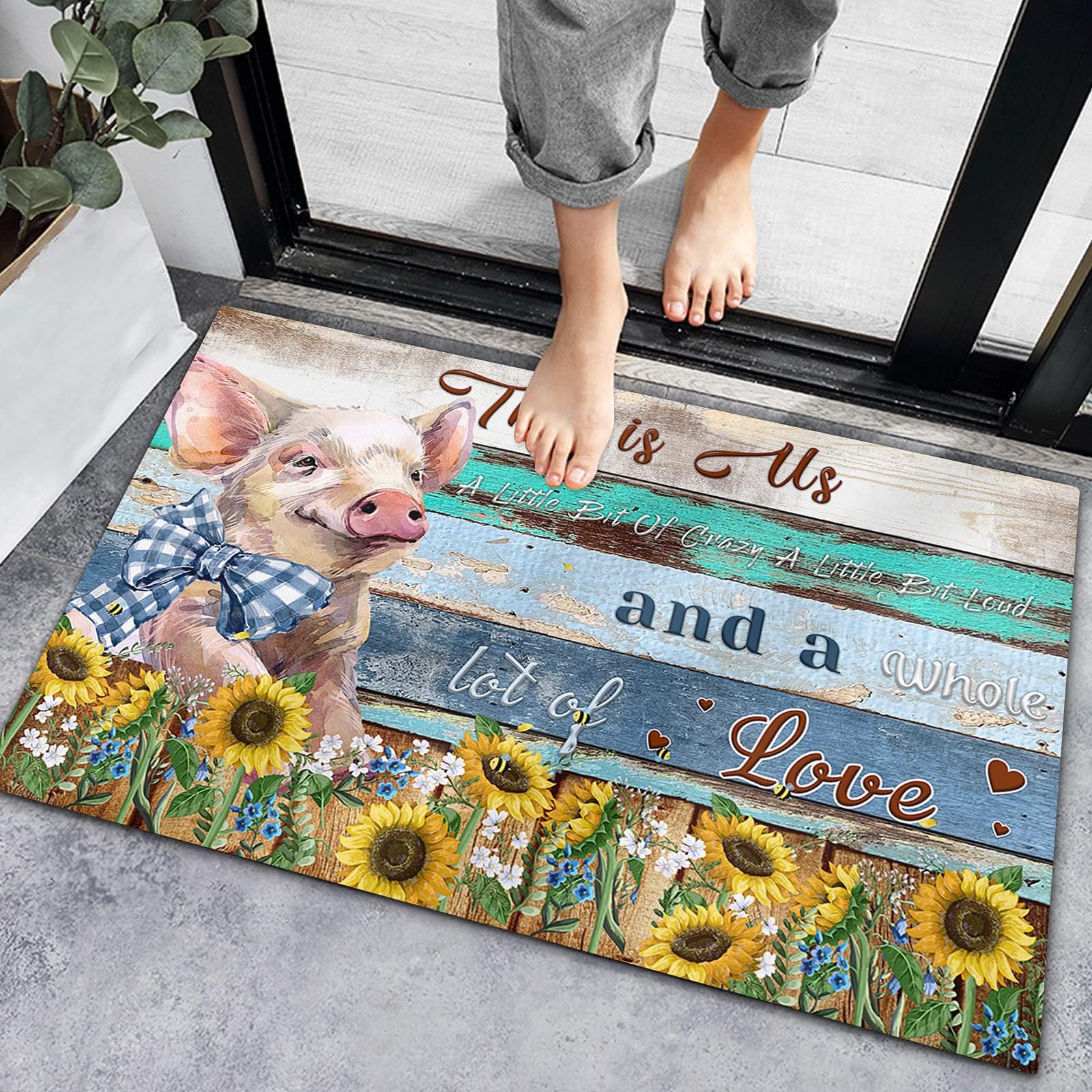 Segard Doormats Farm Pig Wood Plank Entrance Front Sink Door Mat Bath Rugs Retro Wooden Grain Sunflower Decorative Non-Slip Rubber Backing Indoor Mats Bathroom/Kitchen/Bedroom/Entryway Floor Carpets