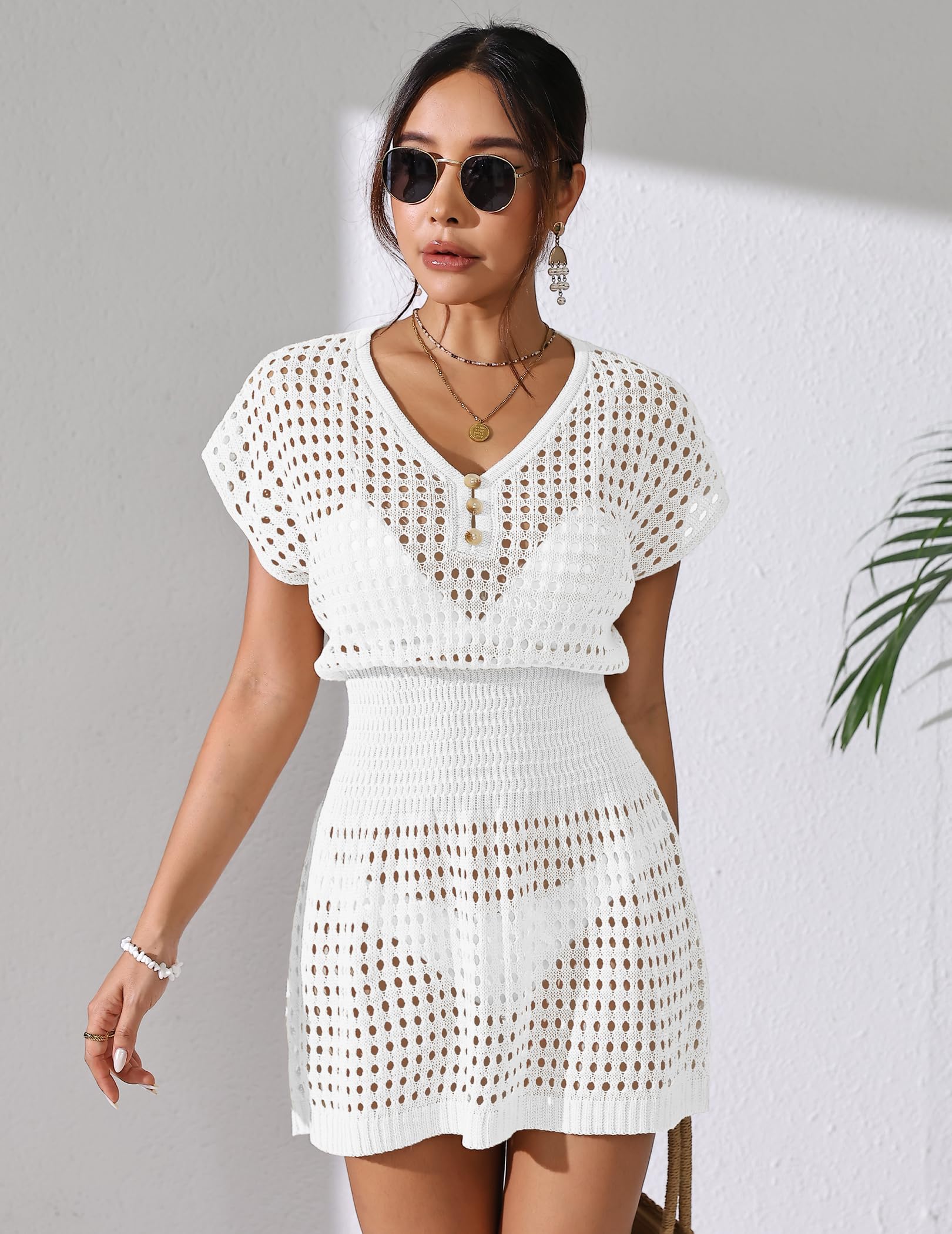BreathSunny Vestido de playa de punto de ganchillo para mujer, vestido de verano 2025, cuello en V, manga casquillo, cubierta para traje de baño