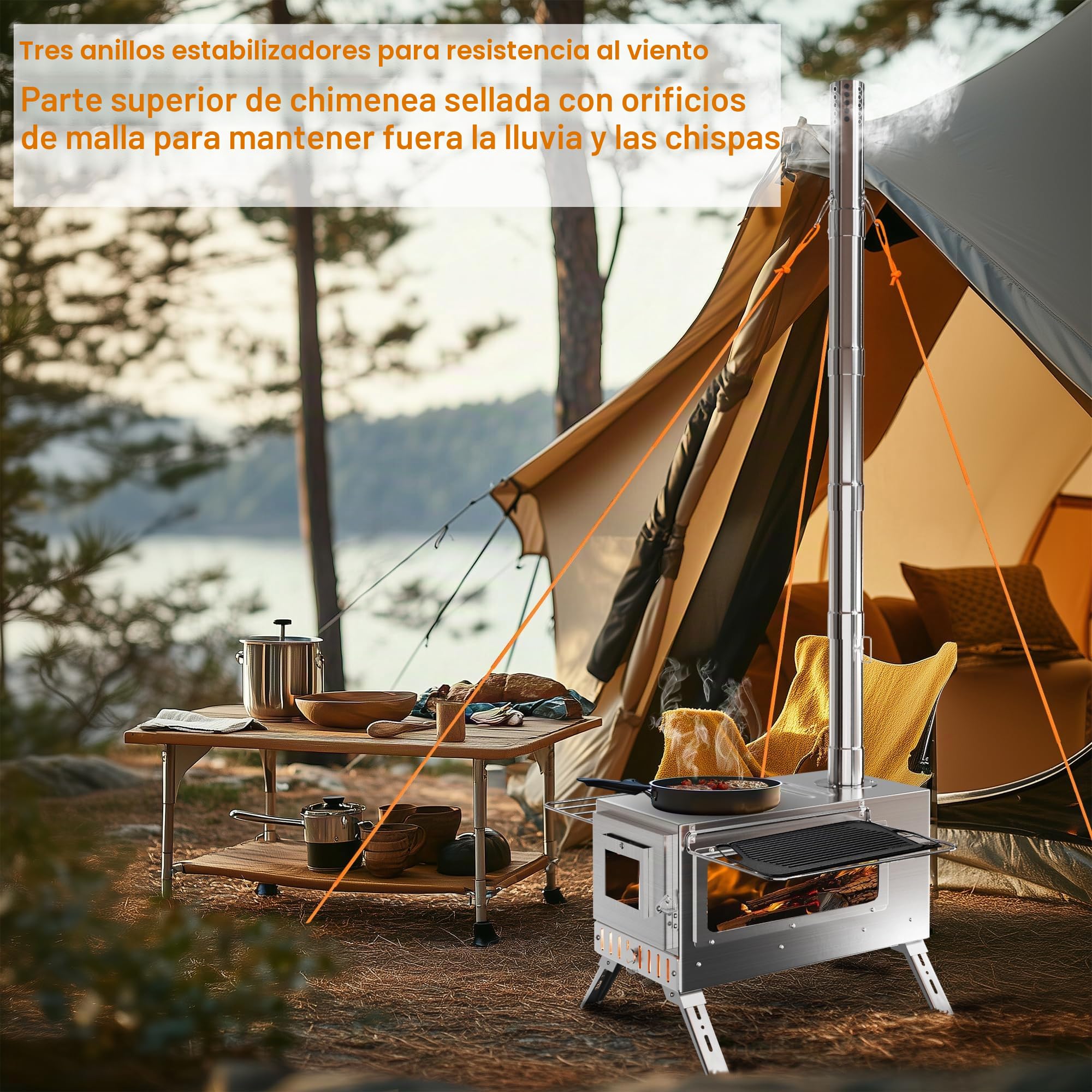 UNHO Estufa de Leña Portátil para Tienda de Campaña: Estufa Plegable con Chimenea, 7 Tubos de Acero Inoxidable, 2 Ventanas de Vidrio Resistente al Fuego, para Cocinar y Calentar Al Aire Libre