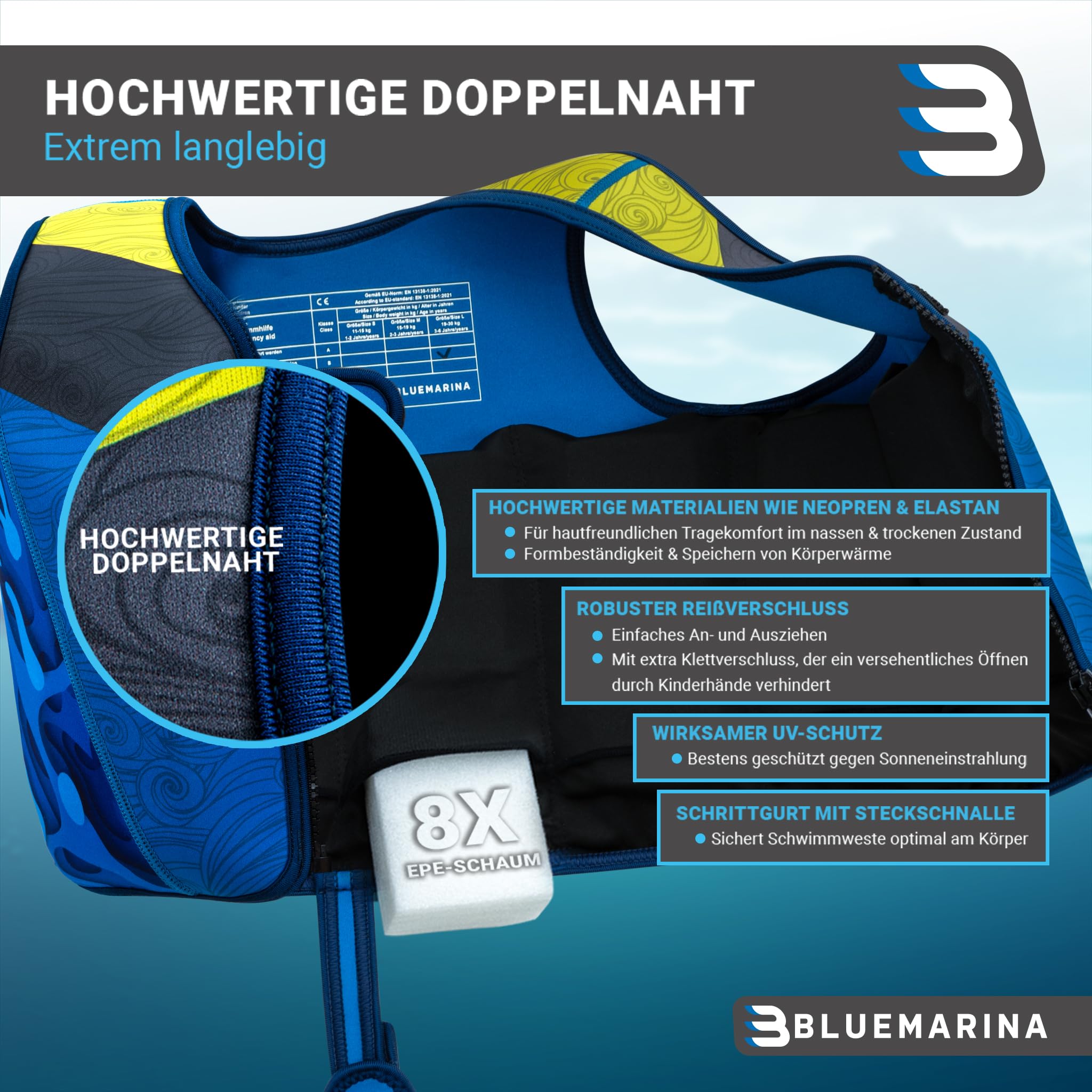 Bluemarina Schwimmweste für Kinder | Verschiedene Größen von Kleinkind bis Baby - Schwimmlernhilfe - Schwimmhilfe - Schwimmflügel - Schwimmring - Schwimm Weste für Kind ab 1-9 Jahren