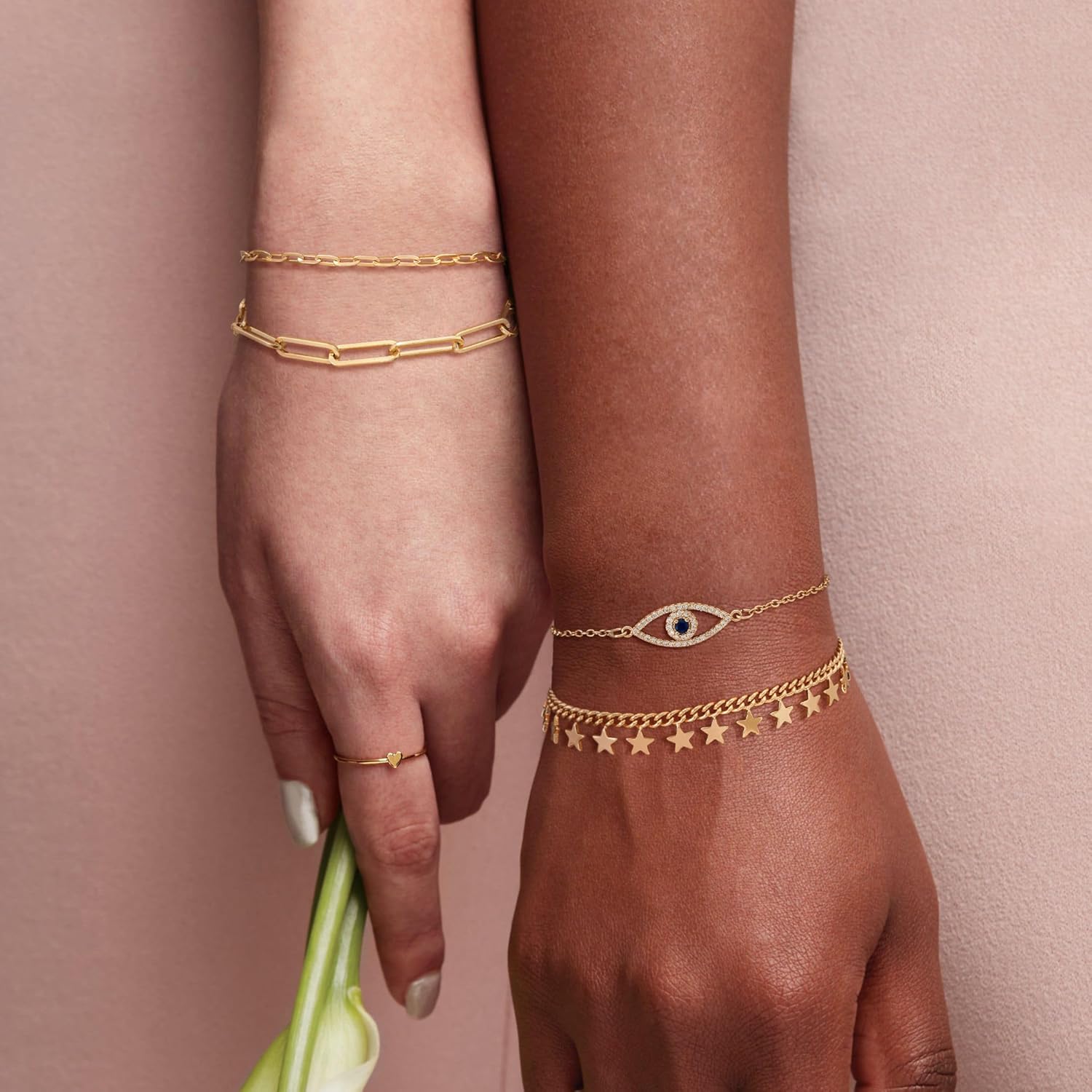 Dremmy Studios Gold Bracelet for Women 18K Gold Plated Dainty Paperclip Cubic Zirconia Disc Coin Star Cable Satellite Bead Pearl Simple Boho Minimalist Stacking Layered Link Jewelry Gift - Image 4