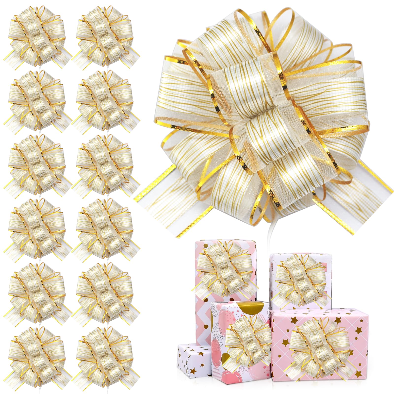 FQTANJU22 Pieces 6 Inches Pull Bow Wrapping Pull Bow Ribbon Pull Bows for Christmas Wedding Valentine's Day Present Wrapping Decoration, Multicolor Gift Baskets Bow (White)